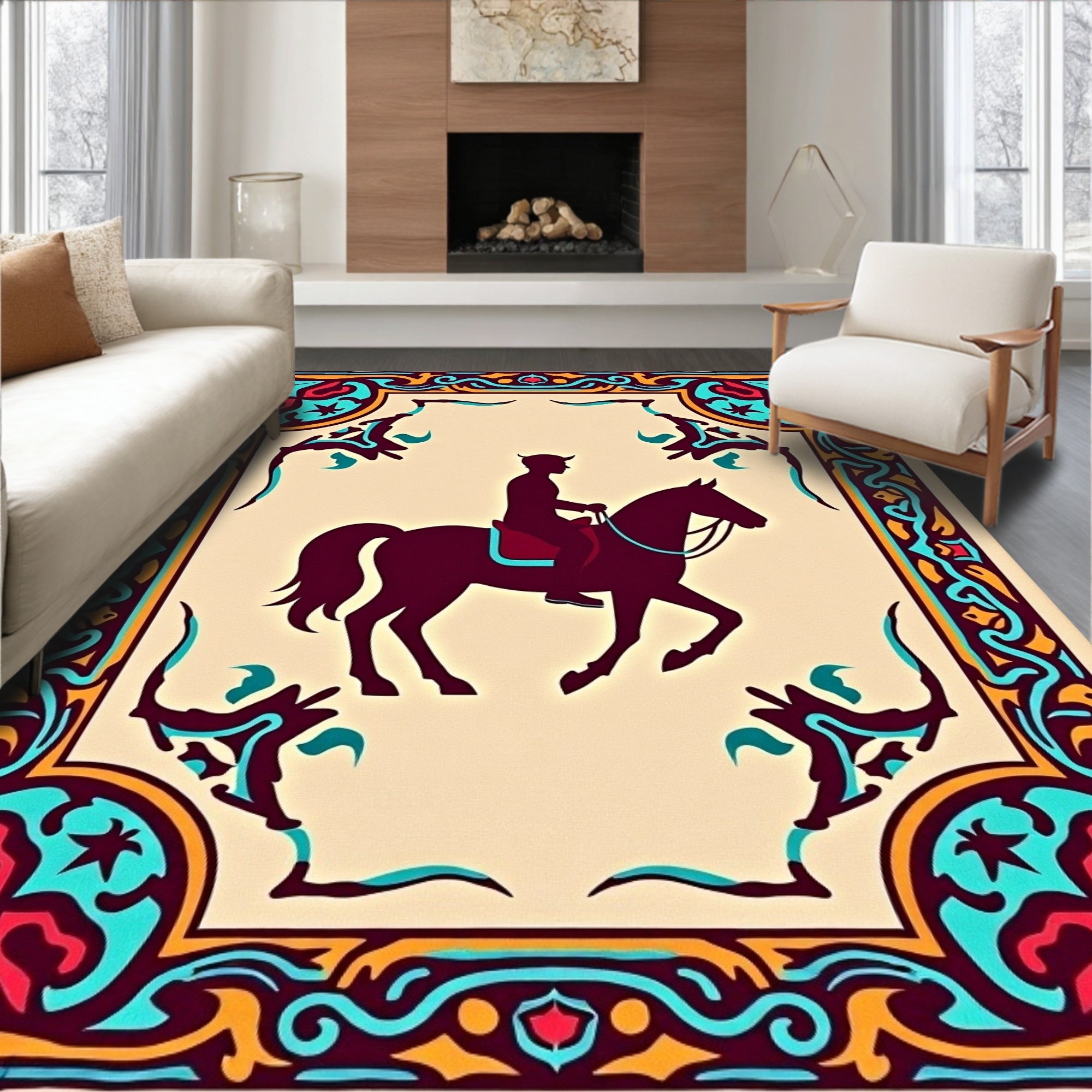 Ornate Horse Rider Pattern Rug