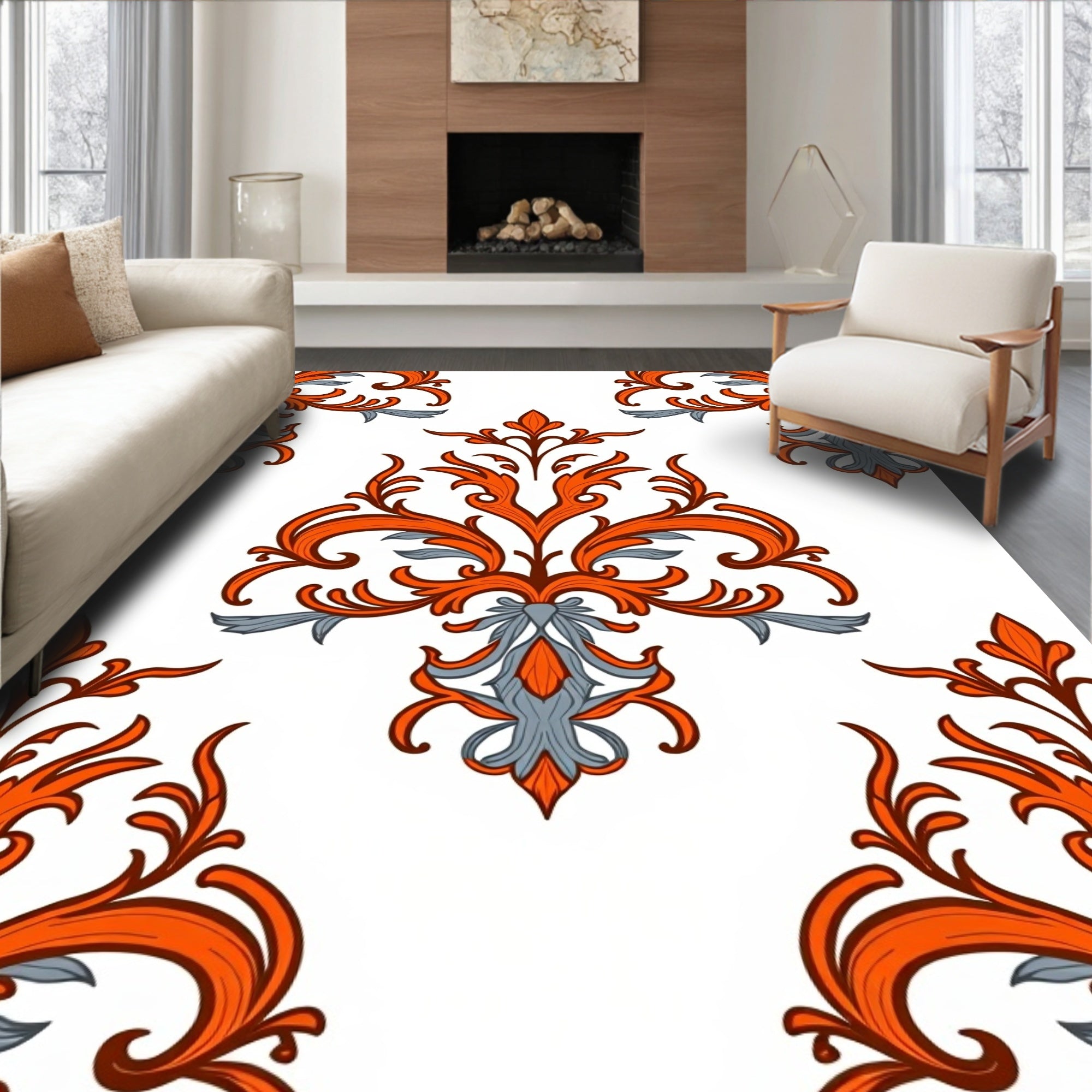 Orange Grey Scroll Pattern Rug