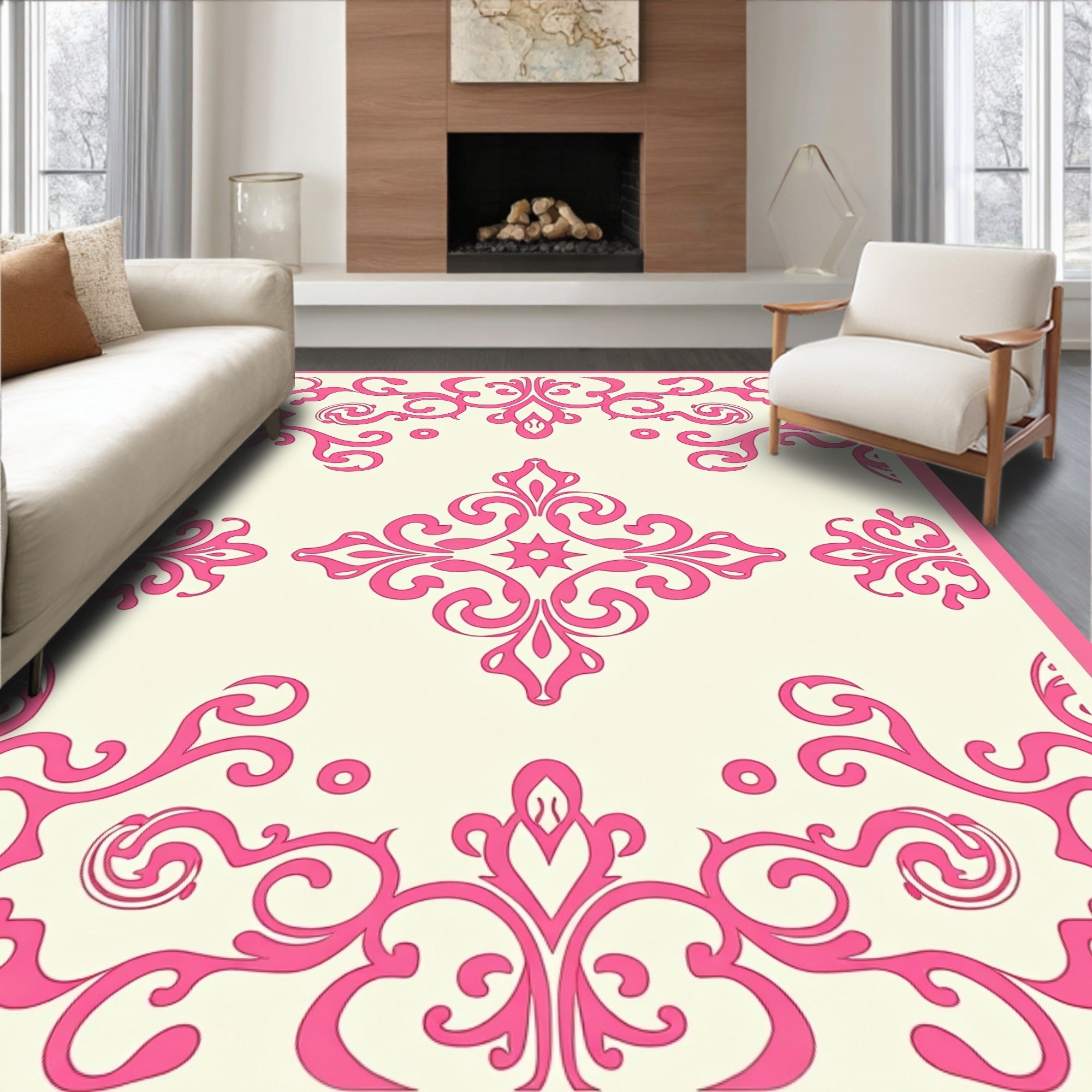 Pink Flourish Damask Pattern Rug