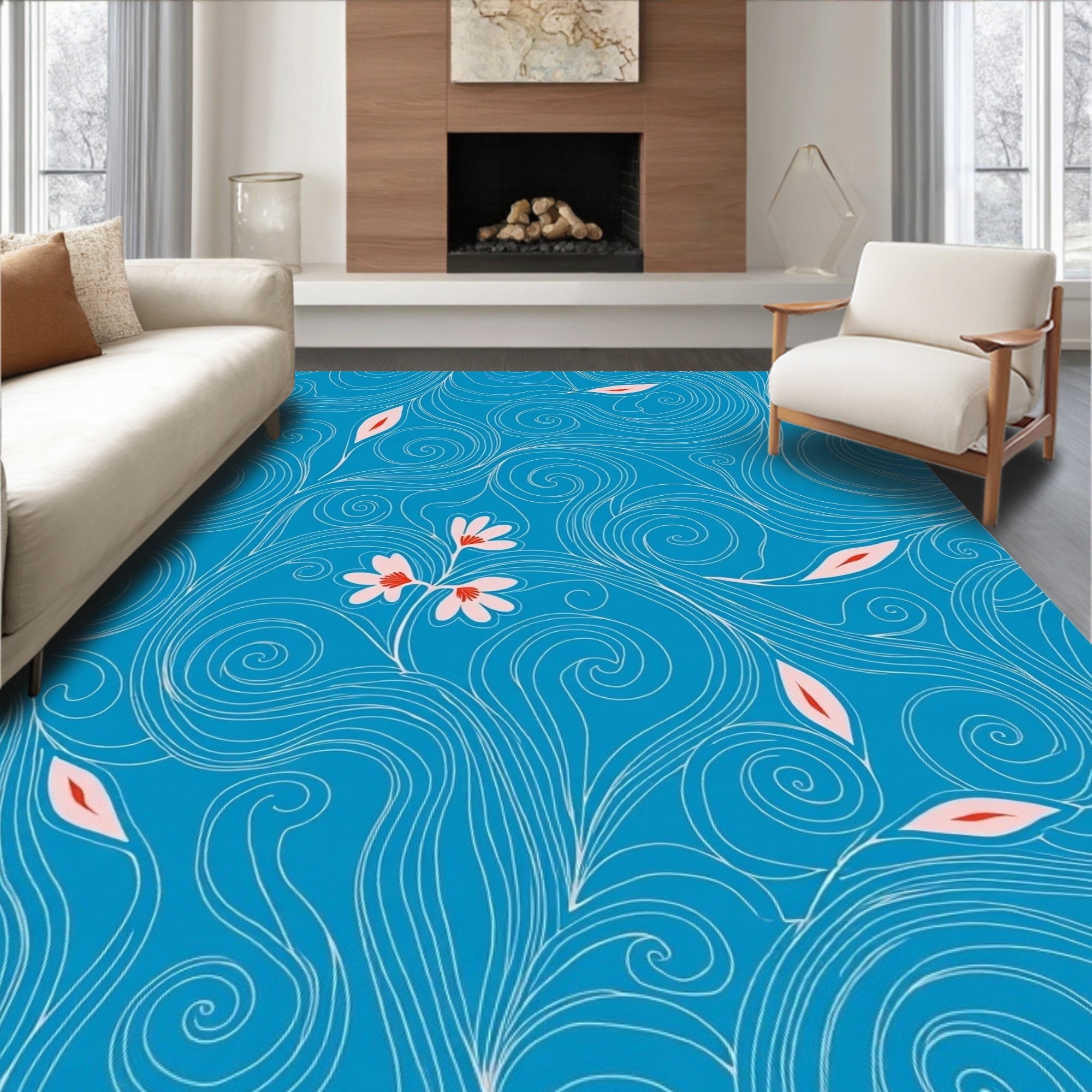 Abstract Blue Swirls With Floral Accents Rug