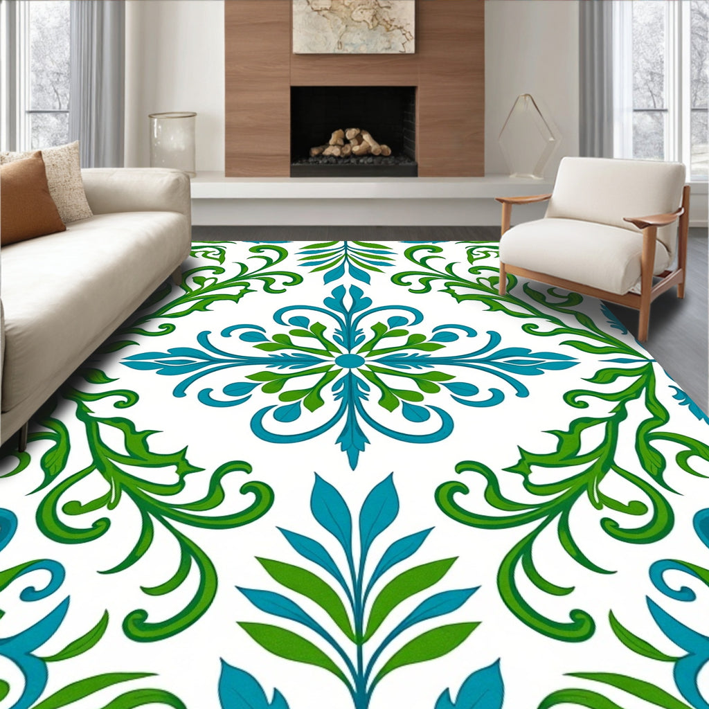 Green Blue Floral Swirl Pattern Rug