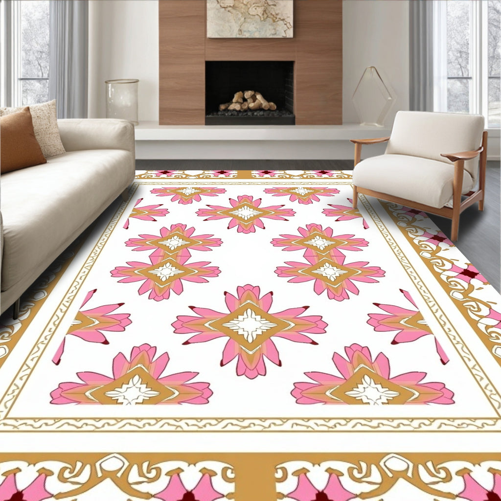 Pink Gold Floral Geometric Pattern Rug