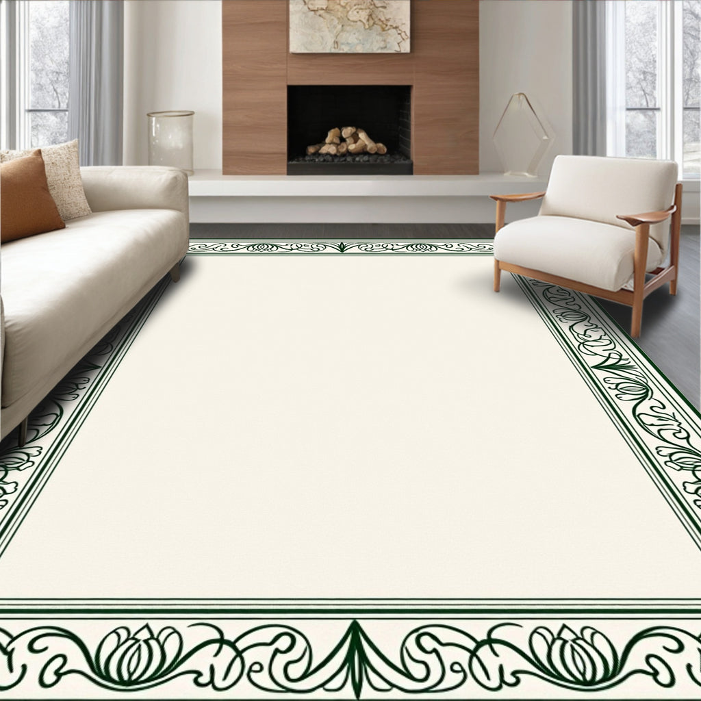Elegant Dark Green Floral Border Design Rug