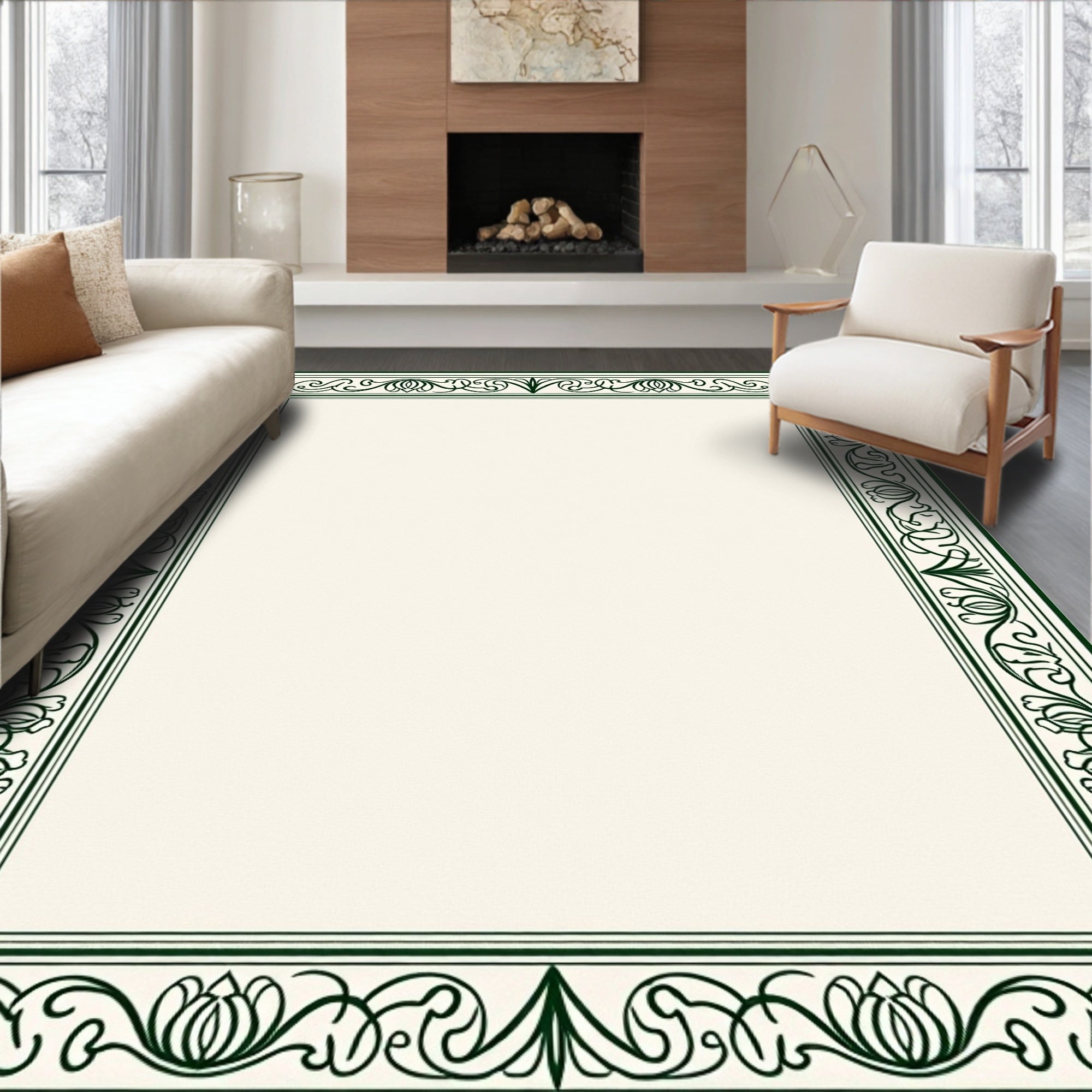 Elegant Dark Green Floral Border Design Rug