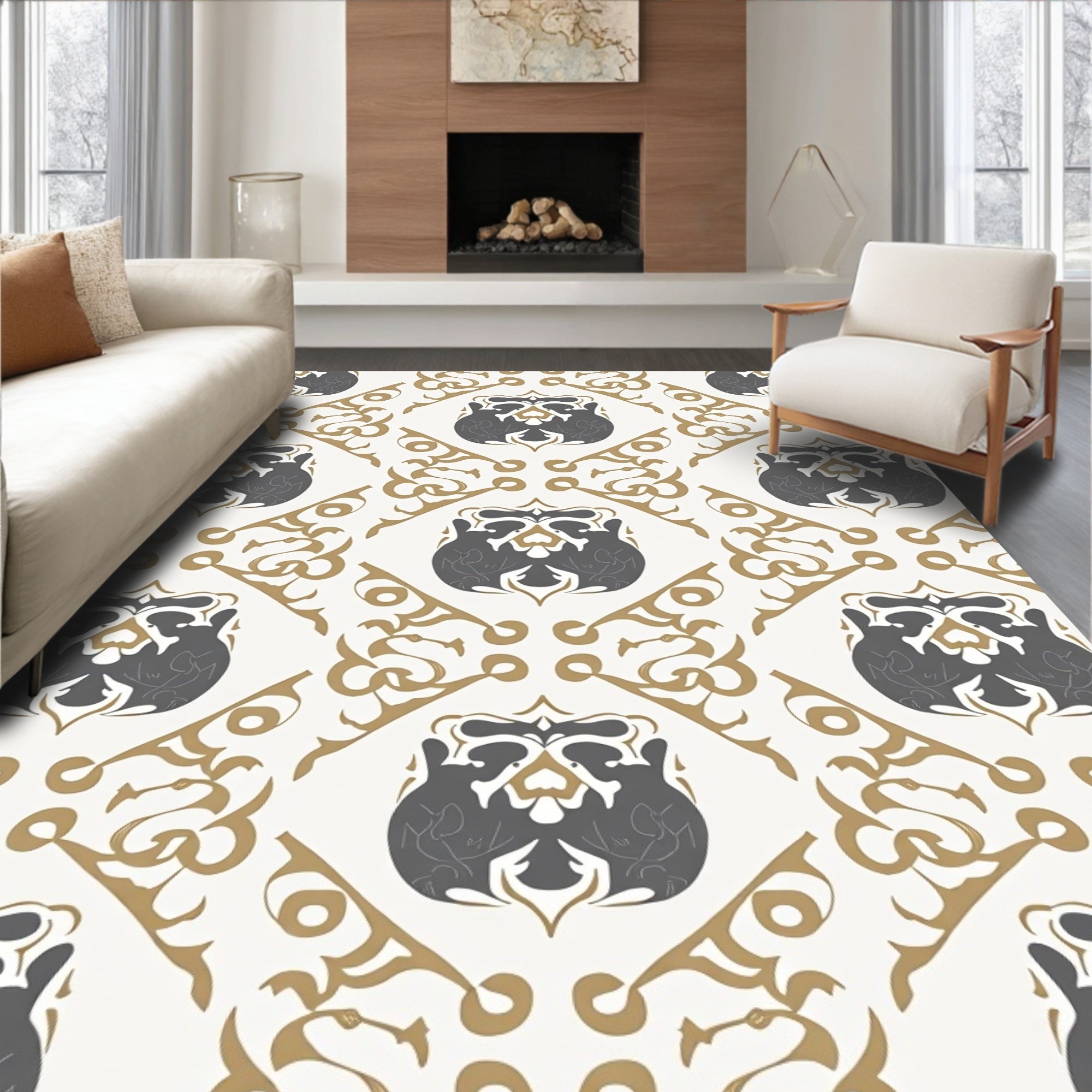 Ornate Gray Gold Geometric Design Rug