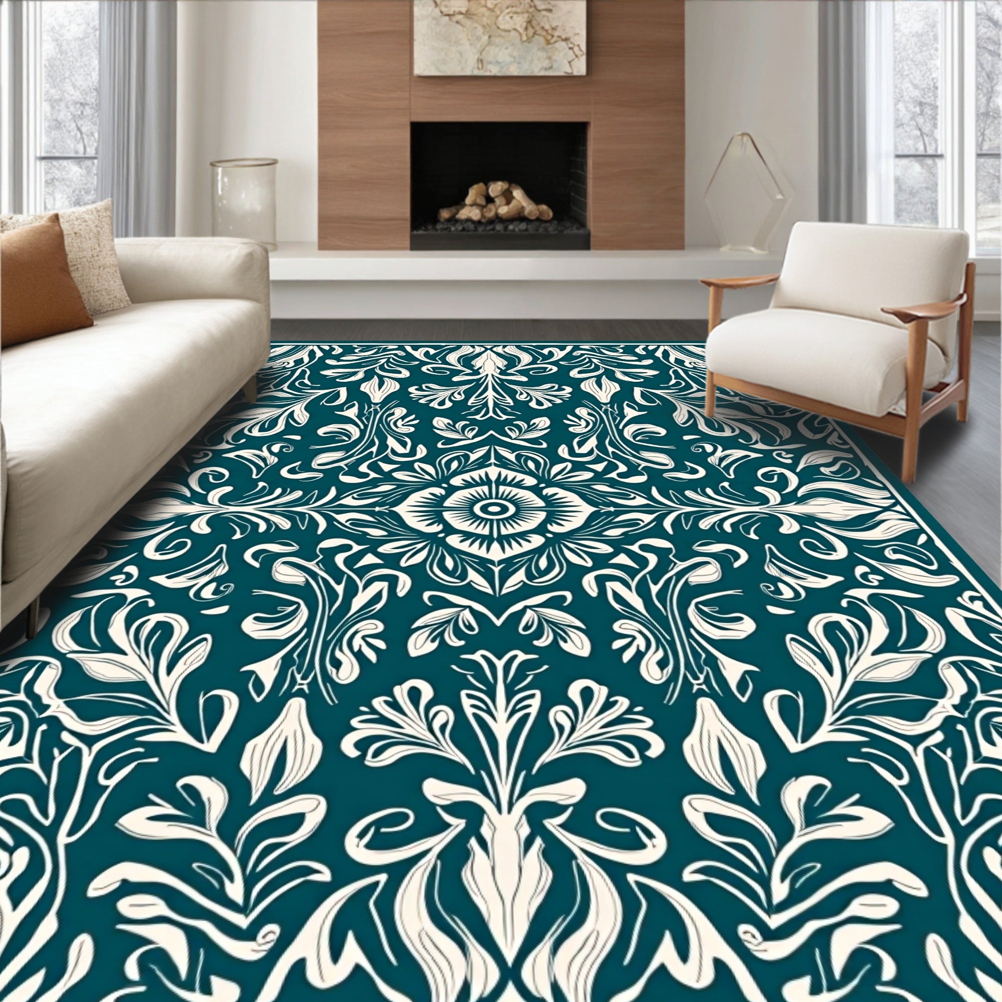 Elegant Teal Floral Swirl Pattern Rug