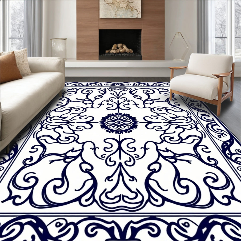 Classic Navy White Floral Scroll Rug