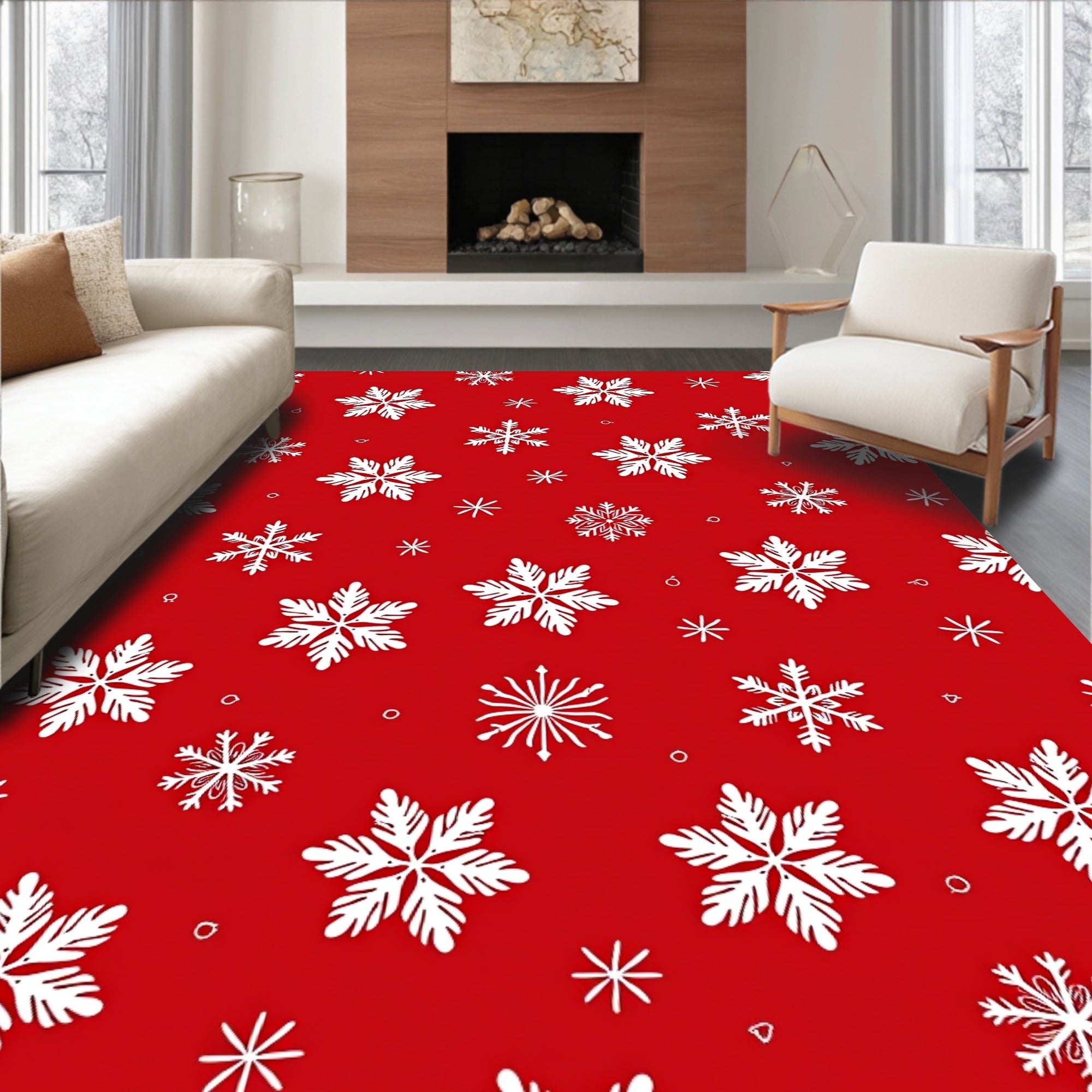 Vibrant Red White Snowflake Collection Rug