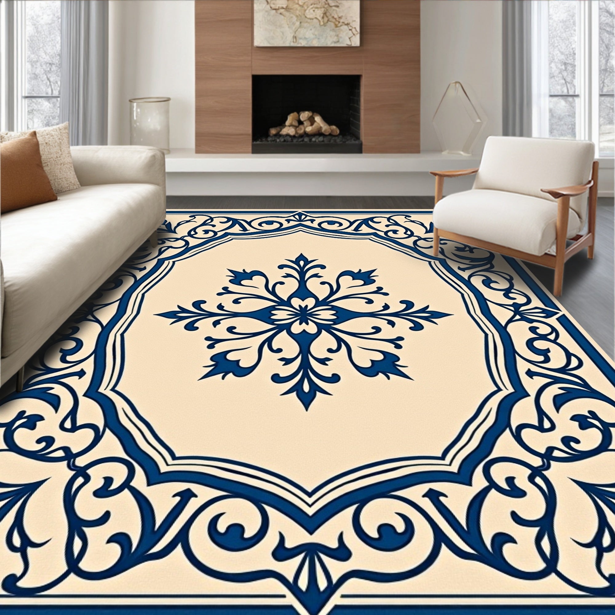 Ornate Blue Floral Medallion Pattern Rug