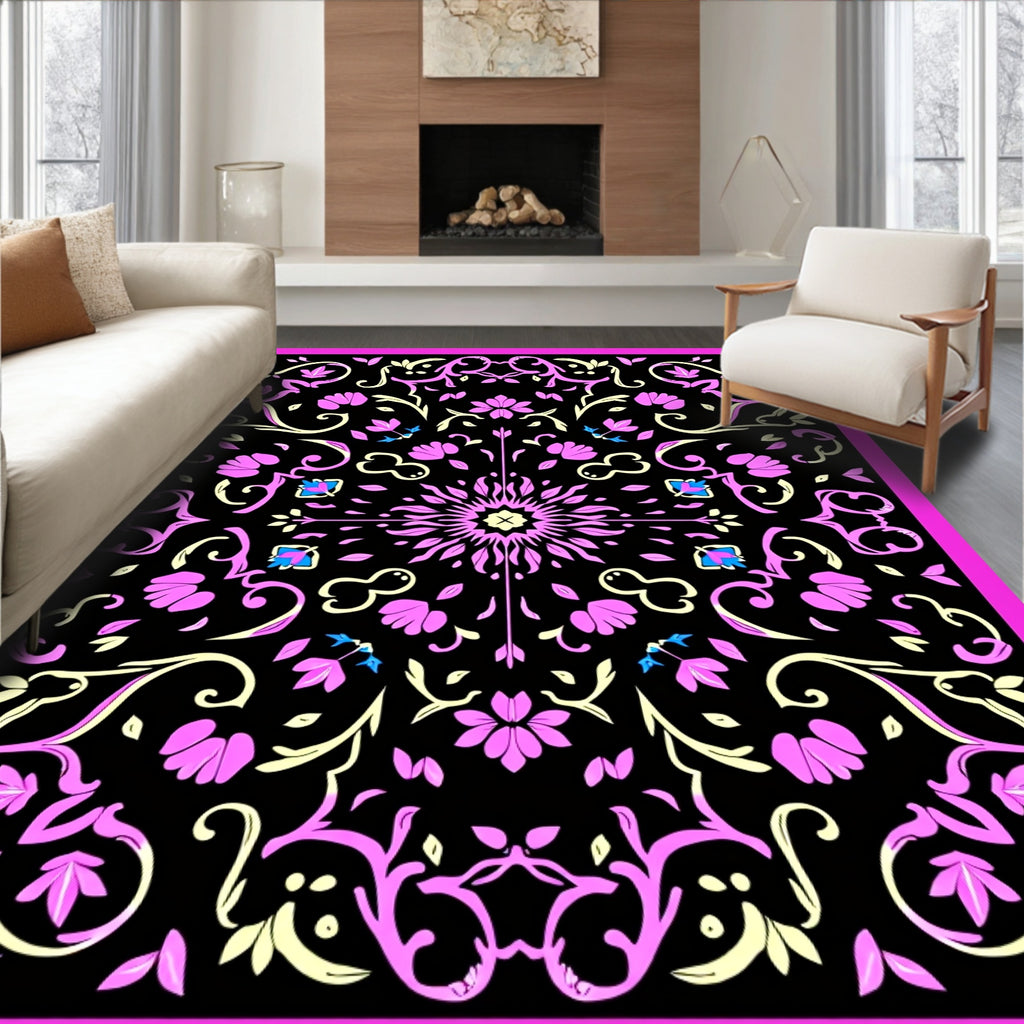Pink Floral Scrolling Black Pattern Rug