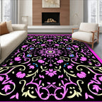 Pink Floral Scrolling Black Pattern Rug