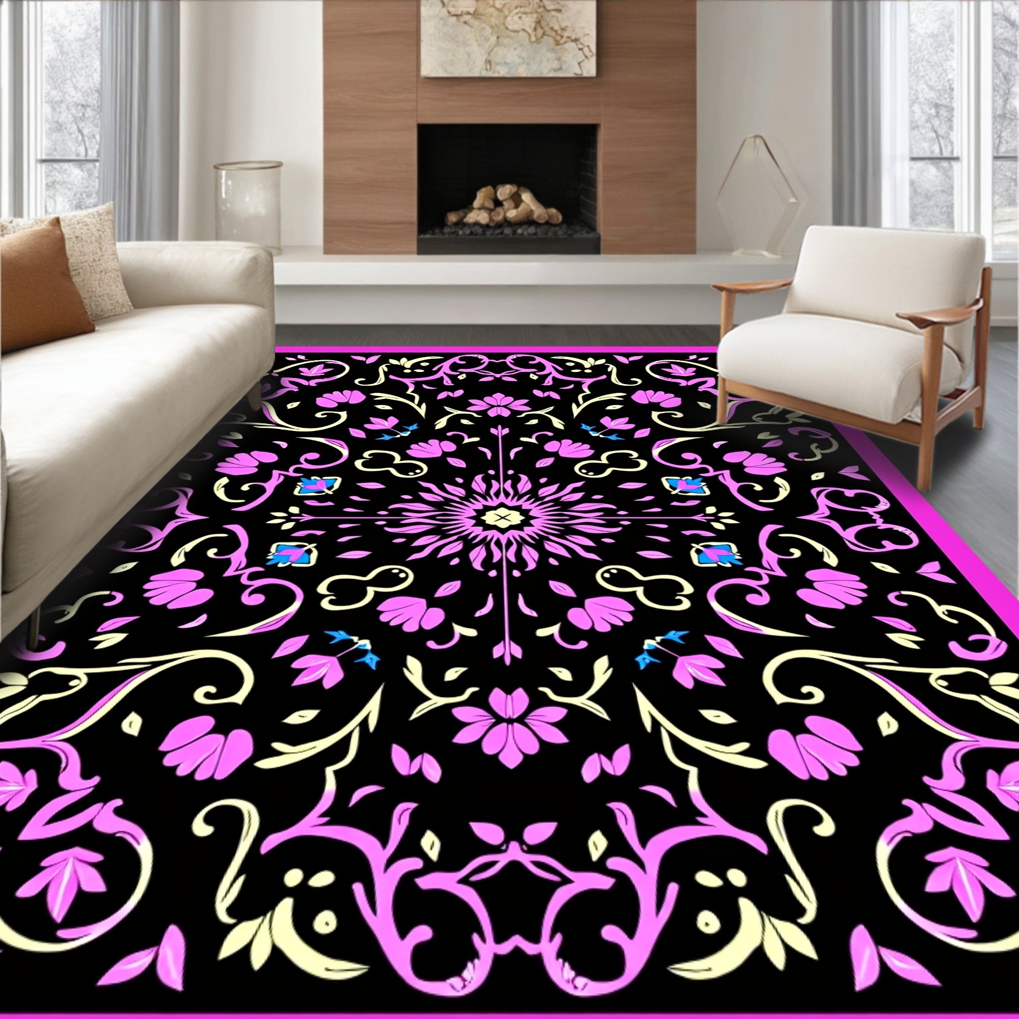 Pink Floral Scrolling Black Pattern Rug