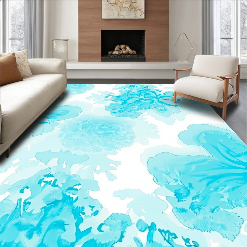 Abstract Aqua Floral Brushstroke Rug