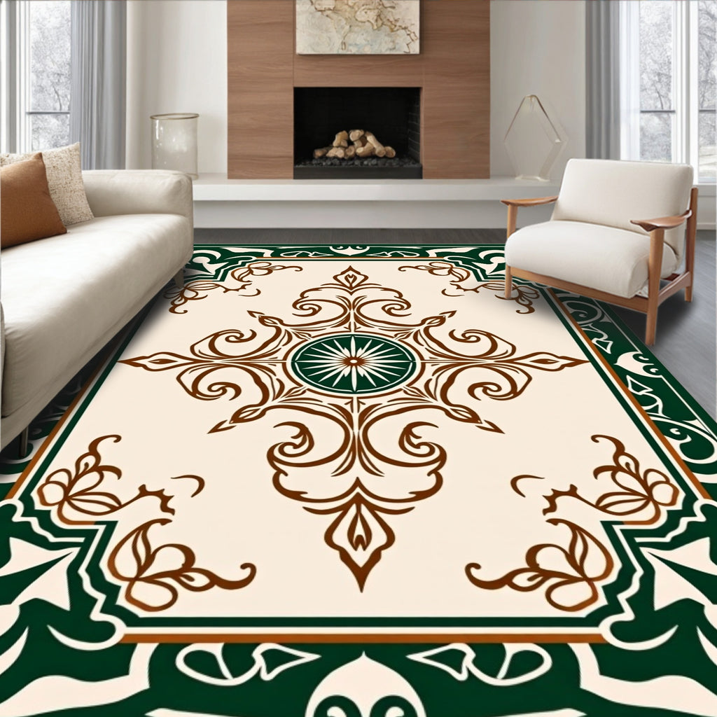 Elegant Brown Green Floral Medallion Rug
