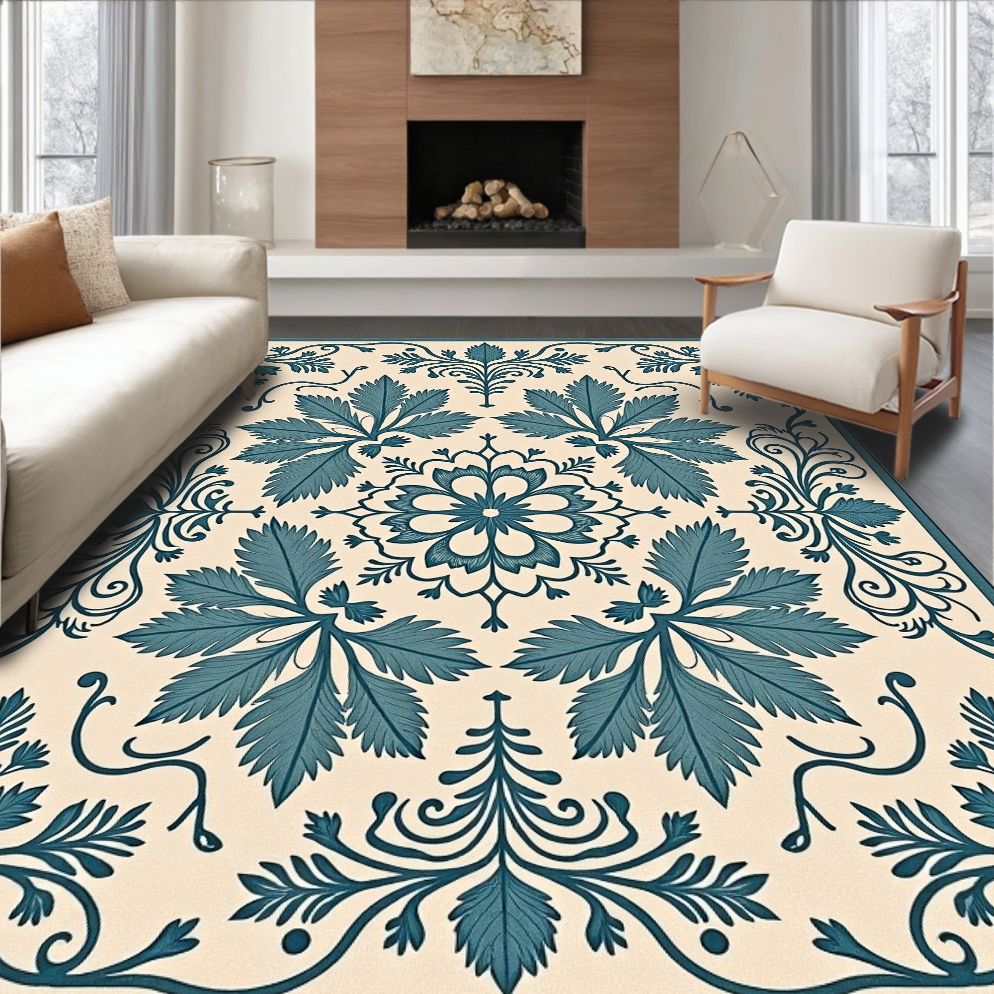 Teal Floral Motif Classic Design Rug