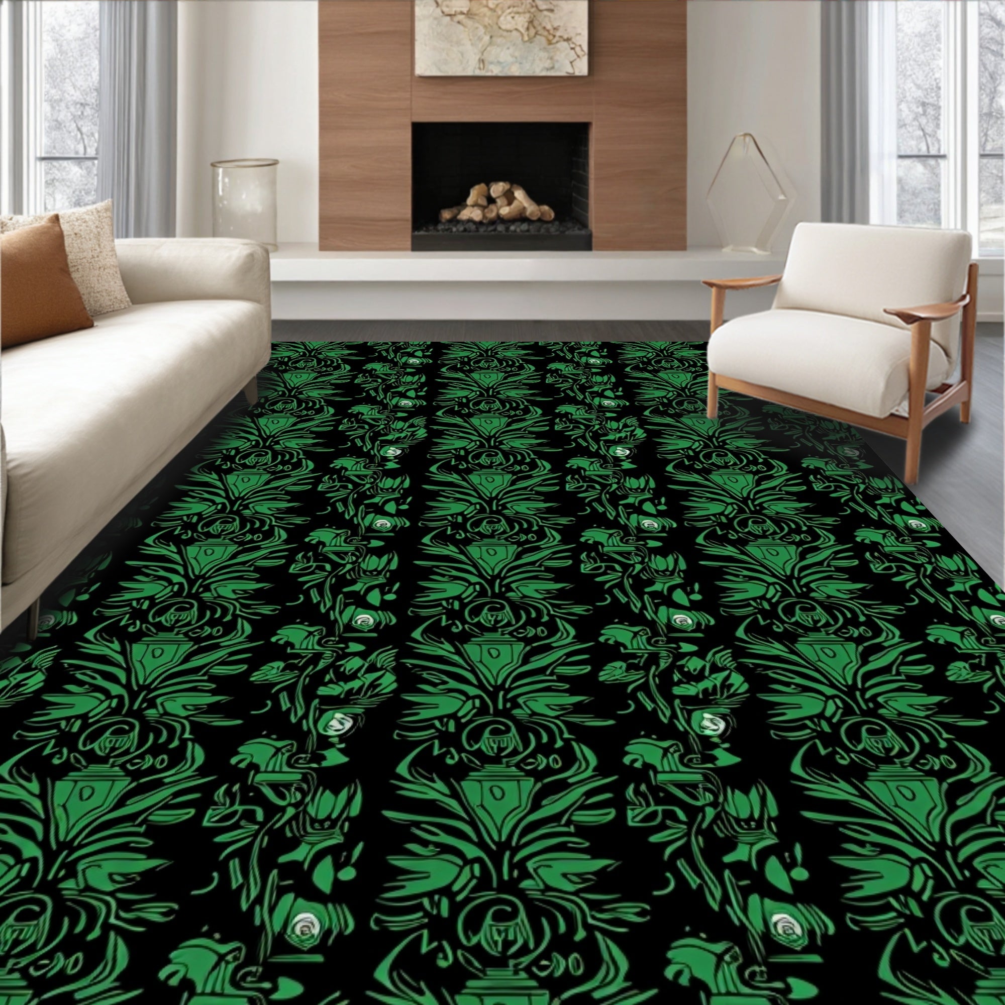 Green Black Vintage Floral Damask Rug