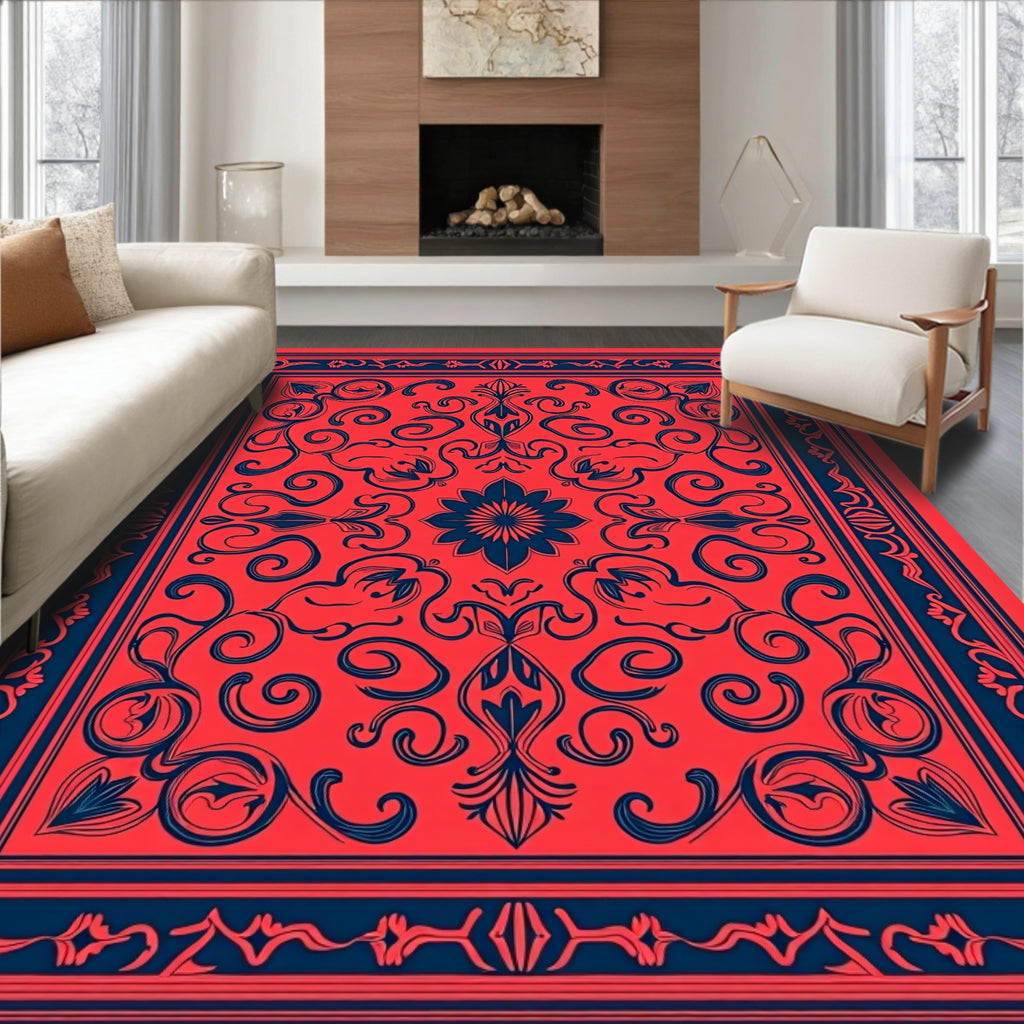 Red Blue Floral Scroll Rug