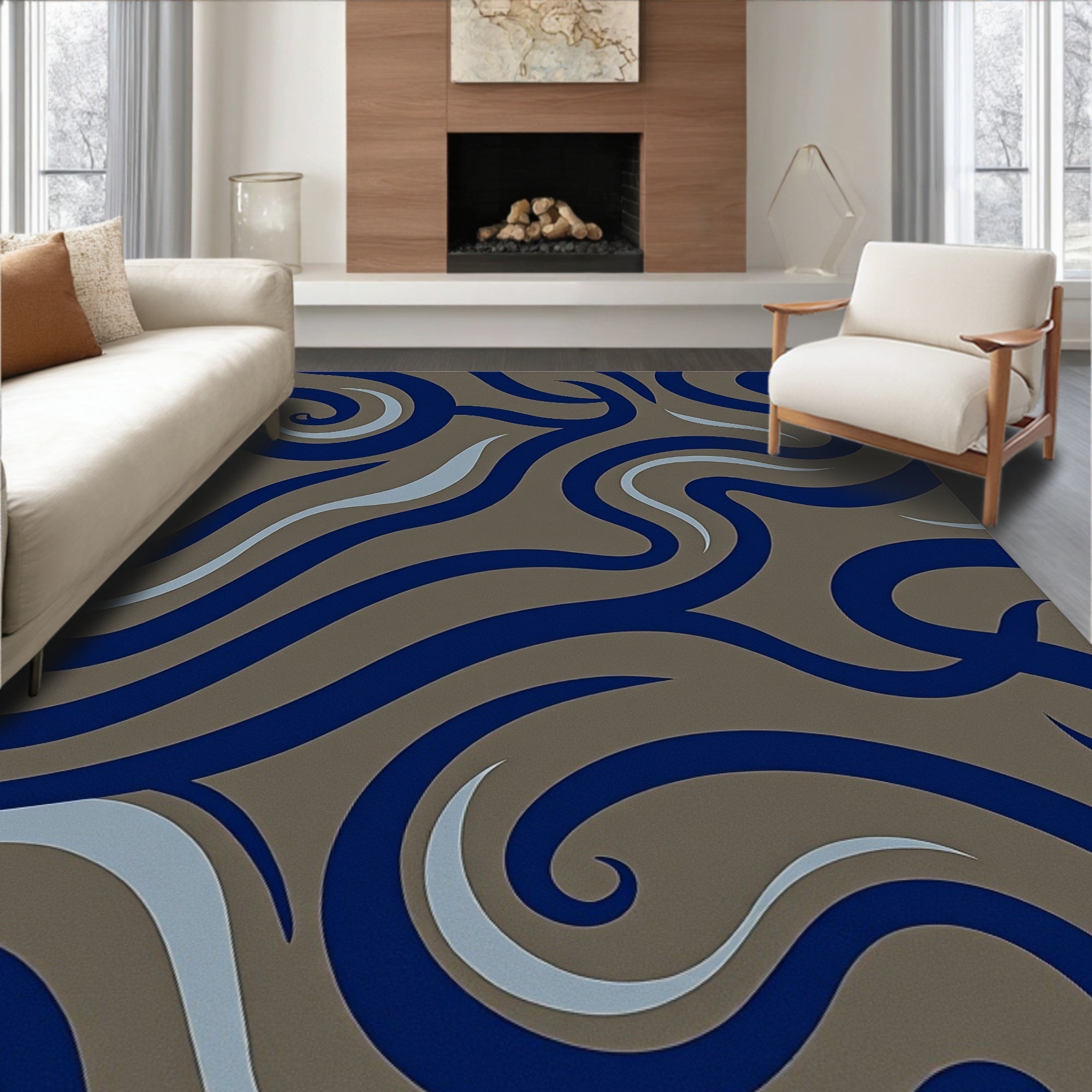Abstract Blue Swirl Pattern Rug