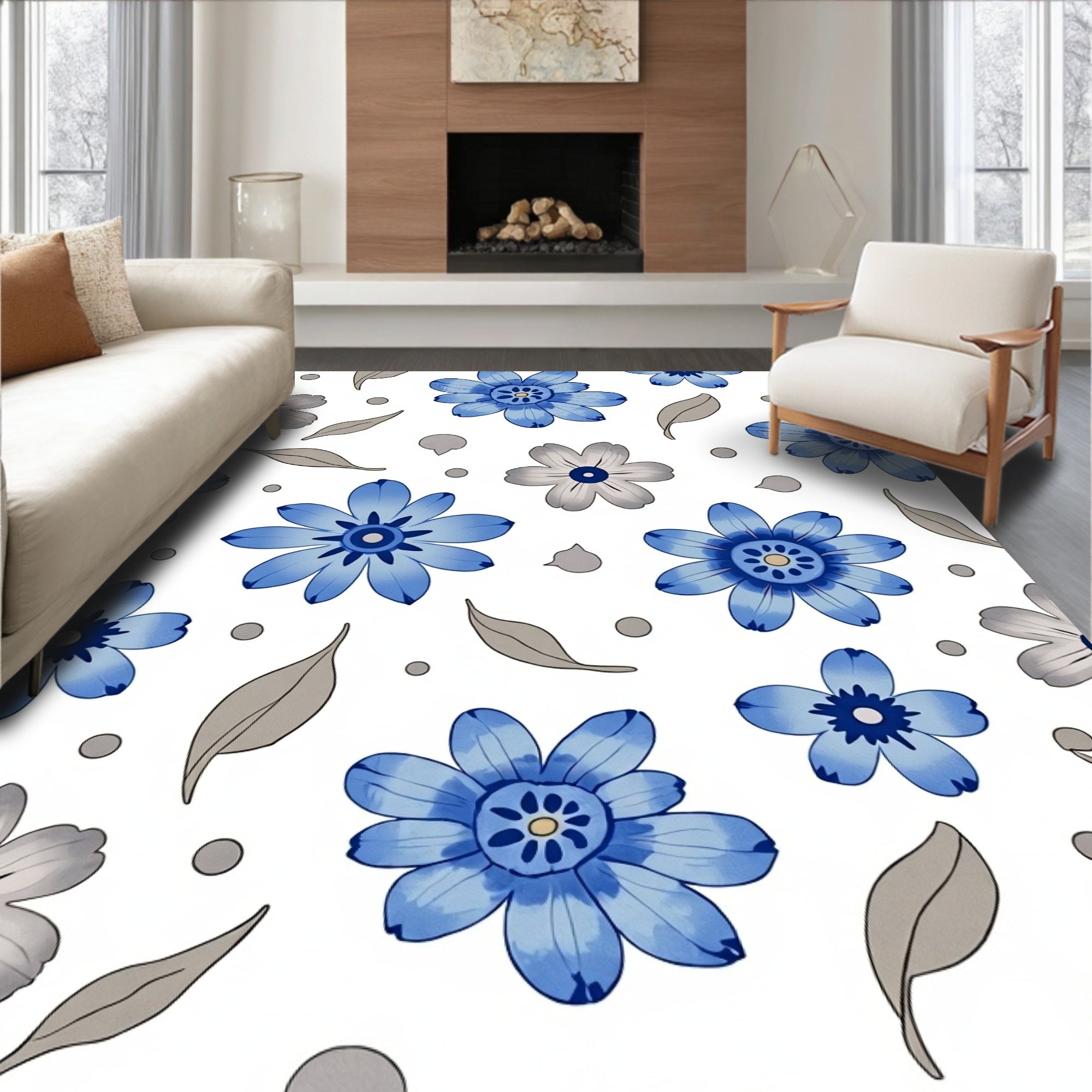 Blue Gray Floral Pattern Rug