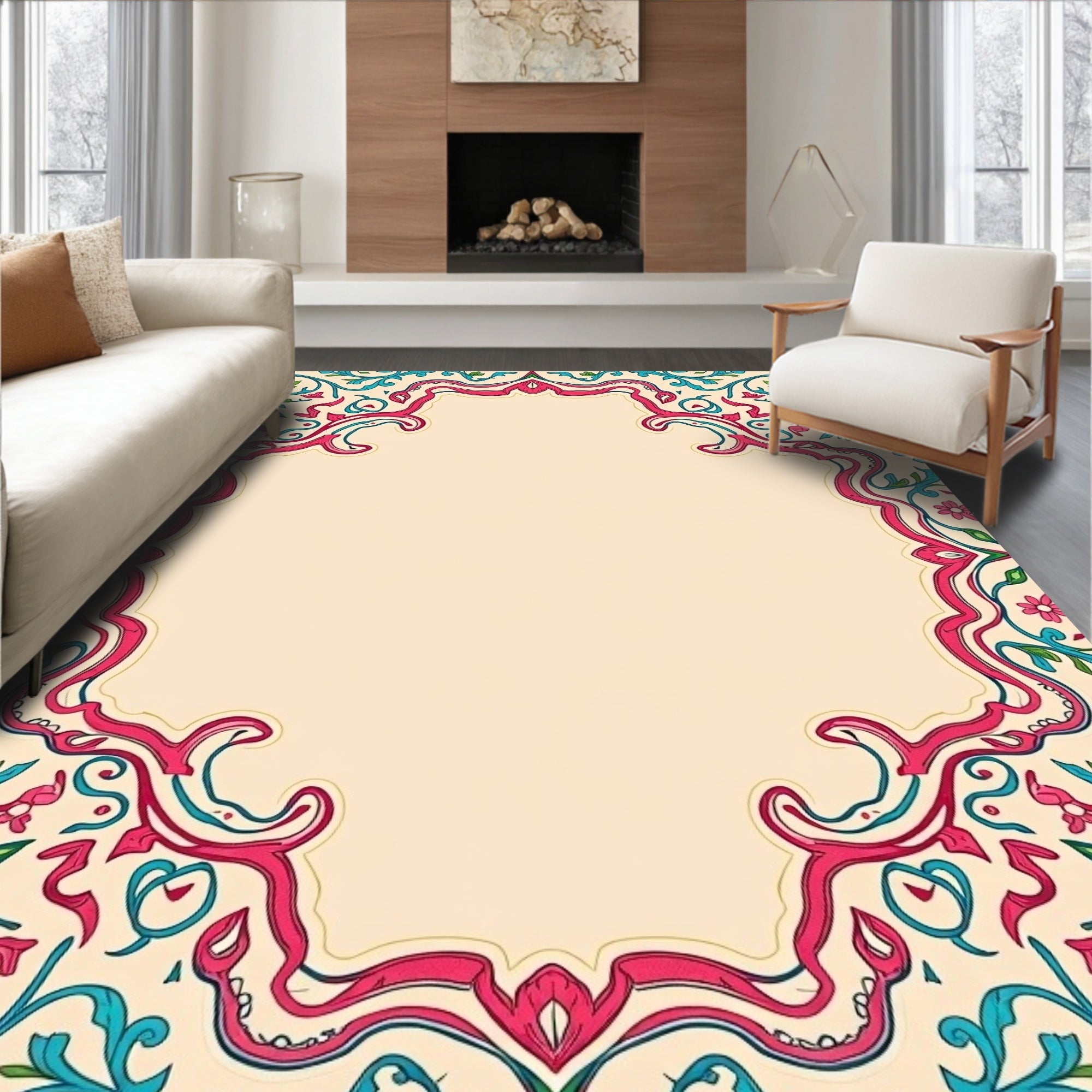 Elegant Floral Scrollwork In Pink Teal Rug