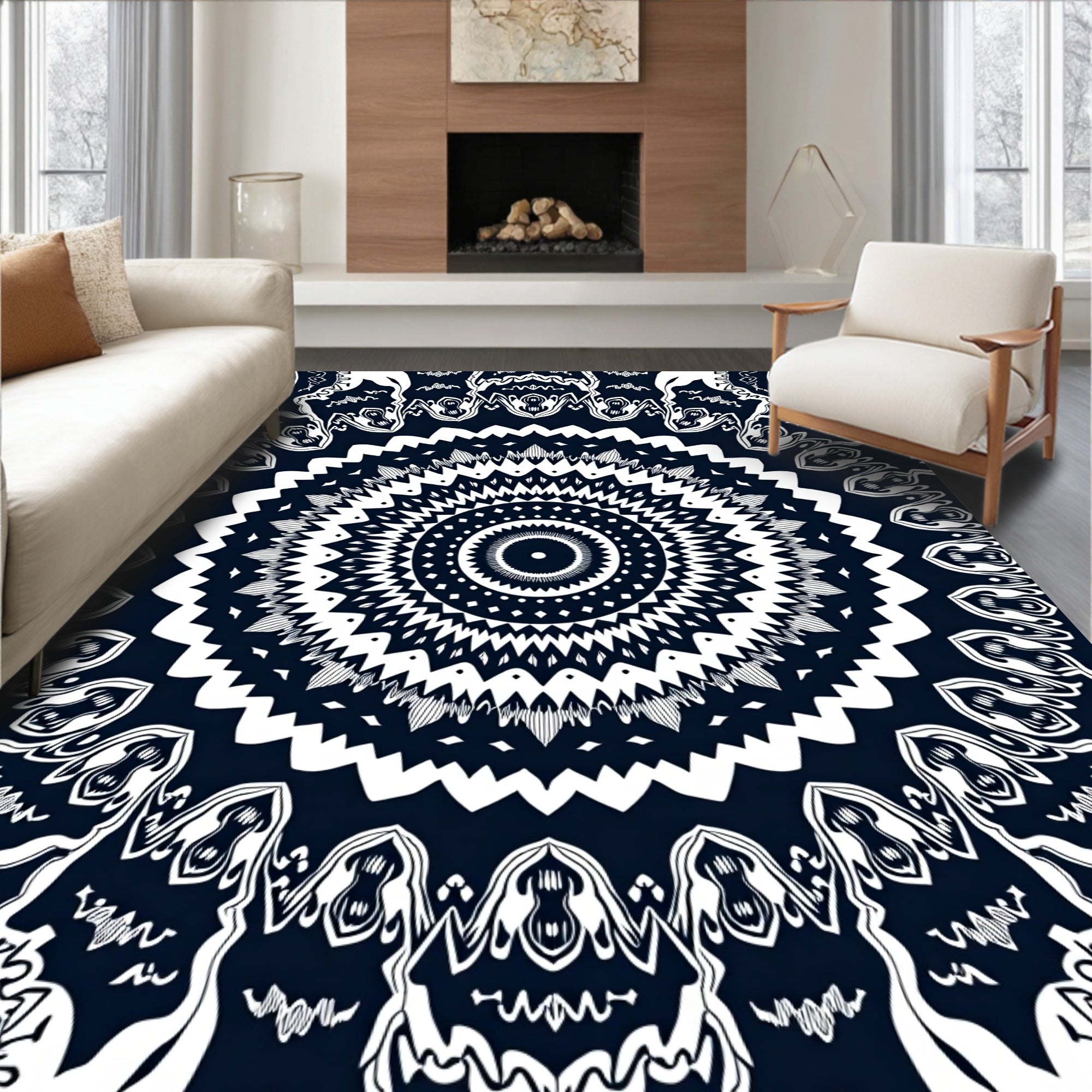 Intricate Radial Black And White Design Rug