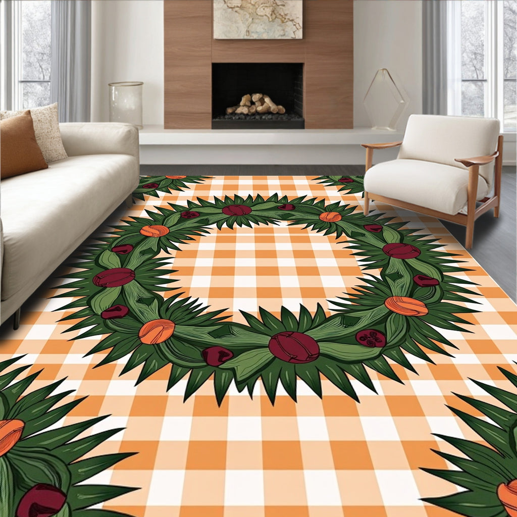 Green Wreath with Berries Orange Gingham Rug