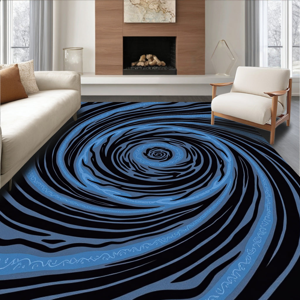 Black Blue Swirling Line Pattern Rug