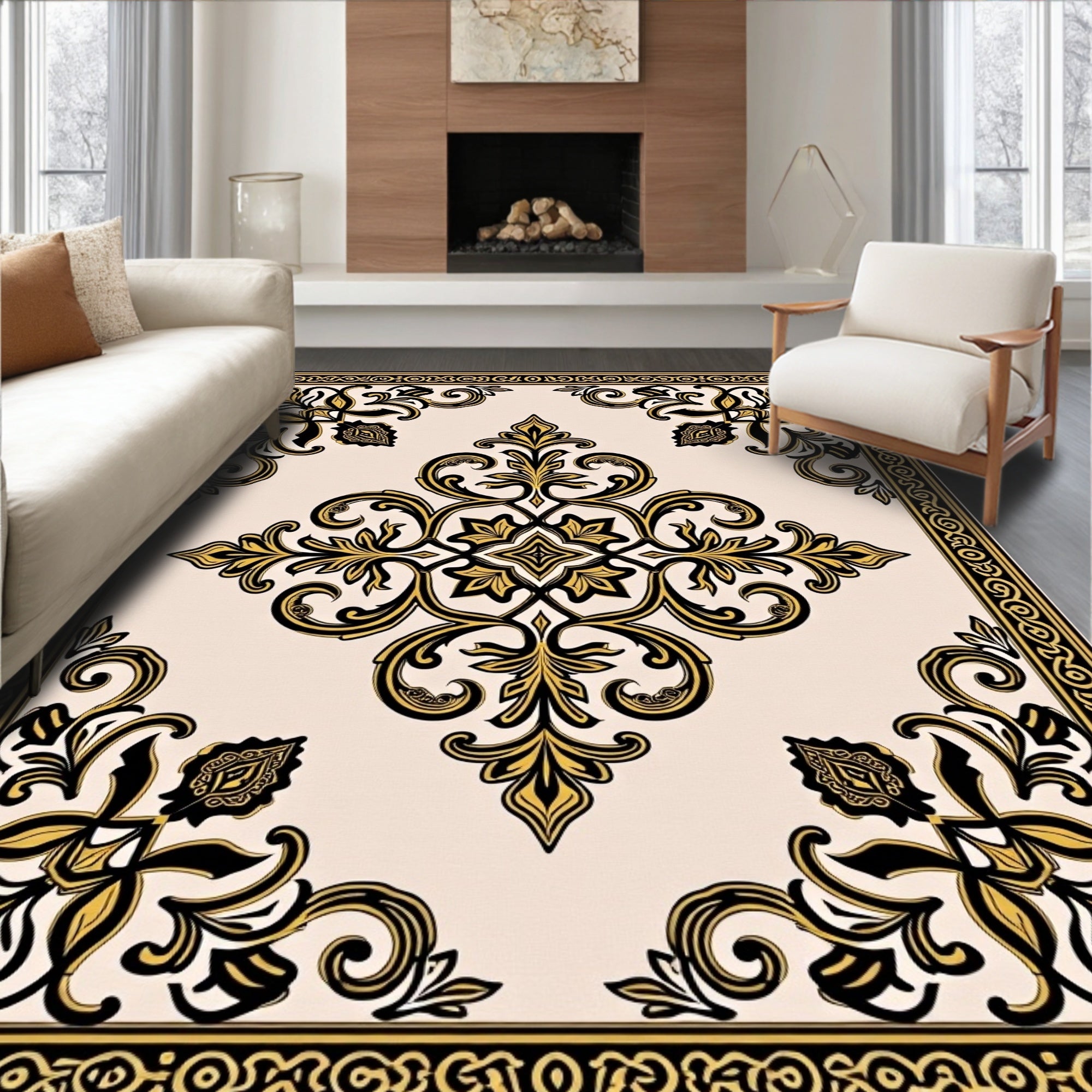 Classic Black Gold Floral Square Pattern Rug