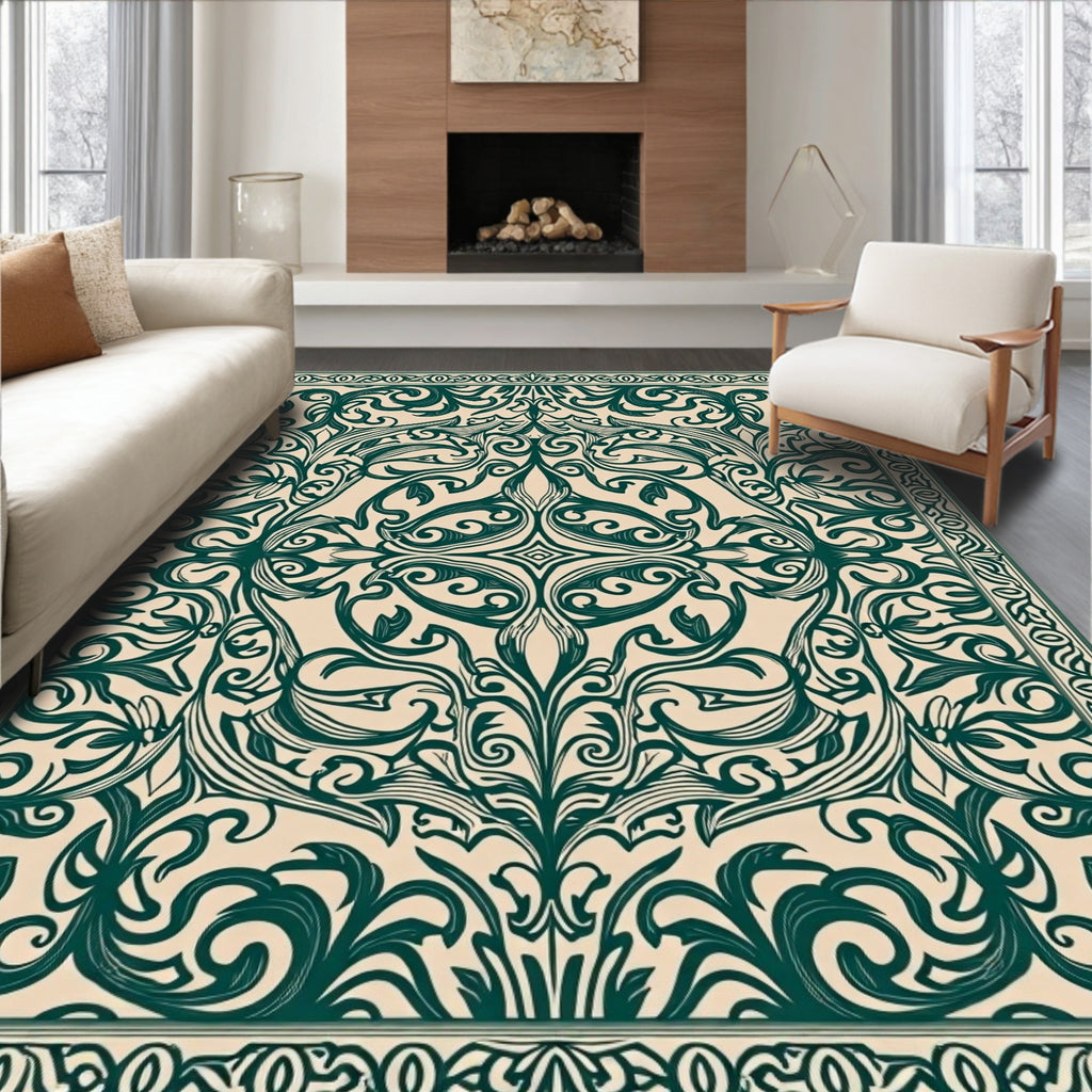 Ornate Teal Floral Scroll Pattern Rug
