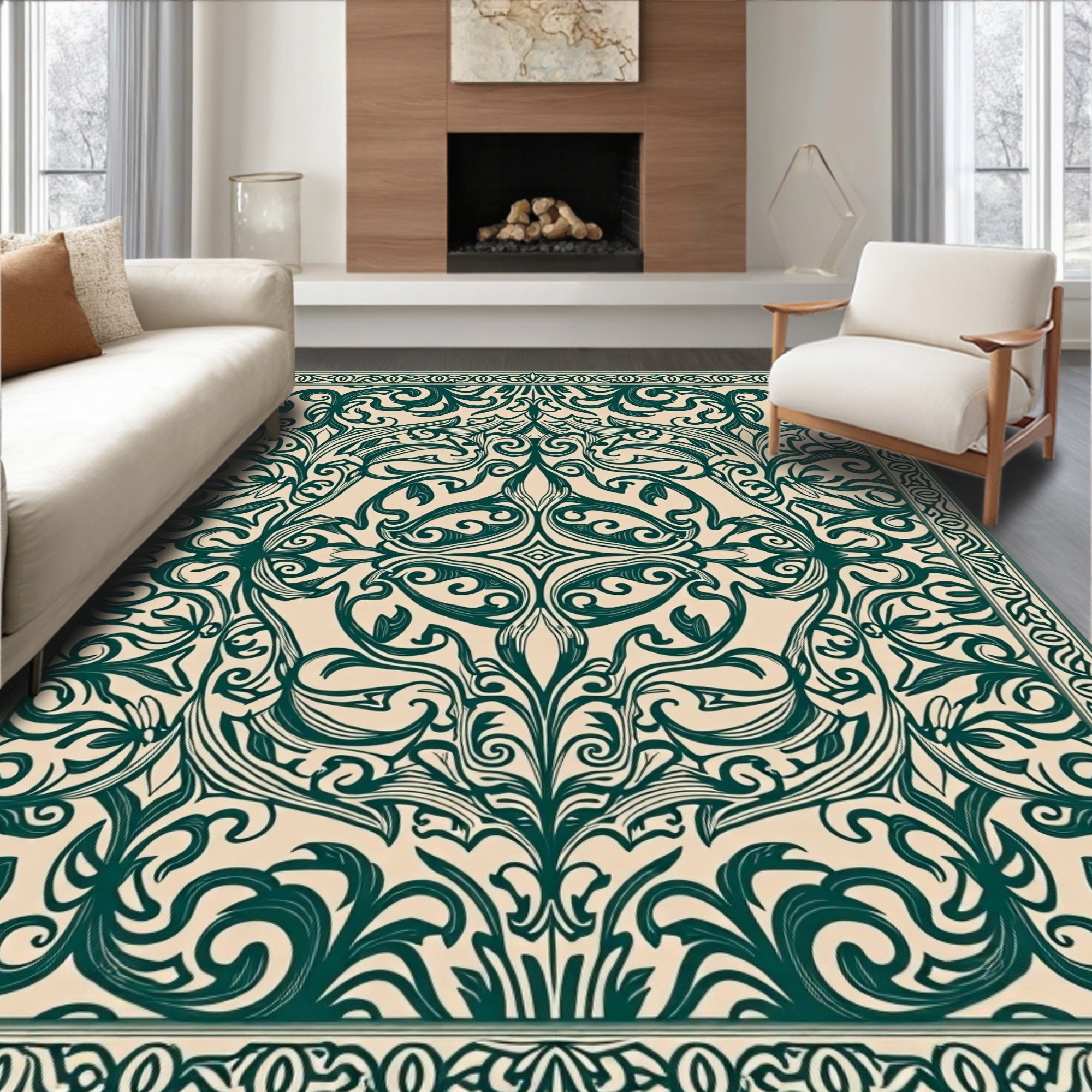 Ornate Teal Floral Scroll Pattern Rug