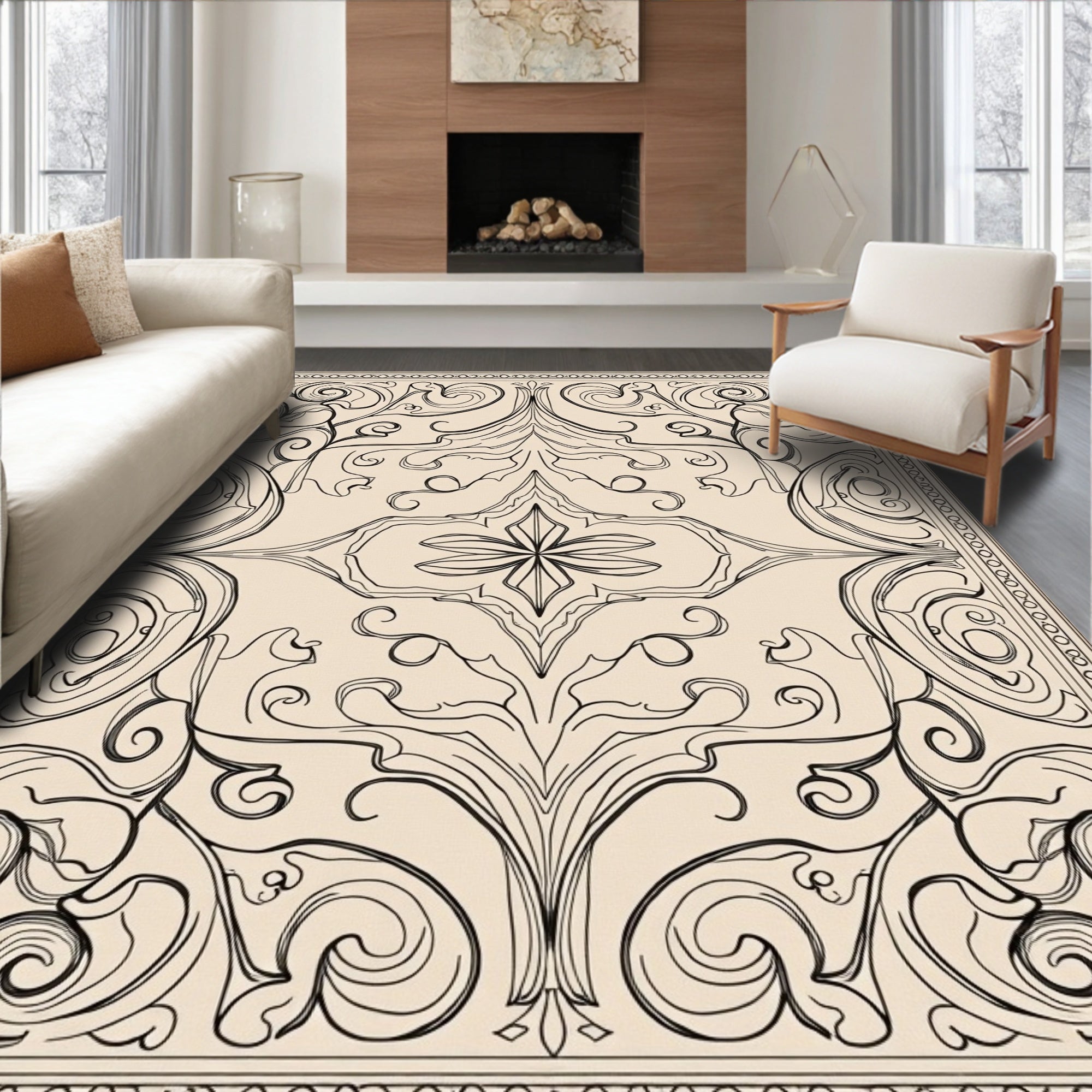 Elegant Black Line Art Floral Rug