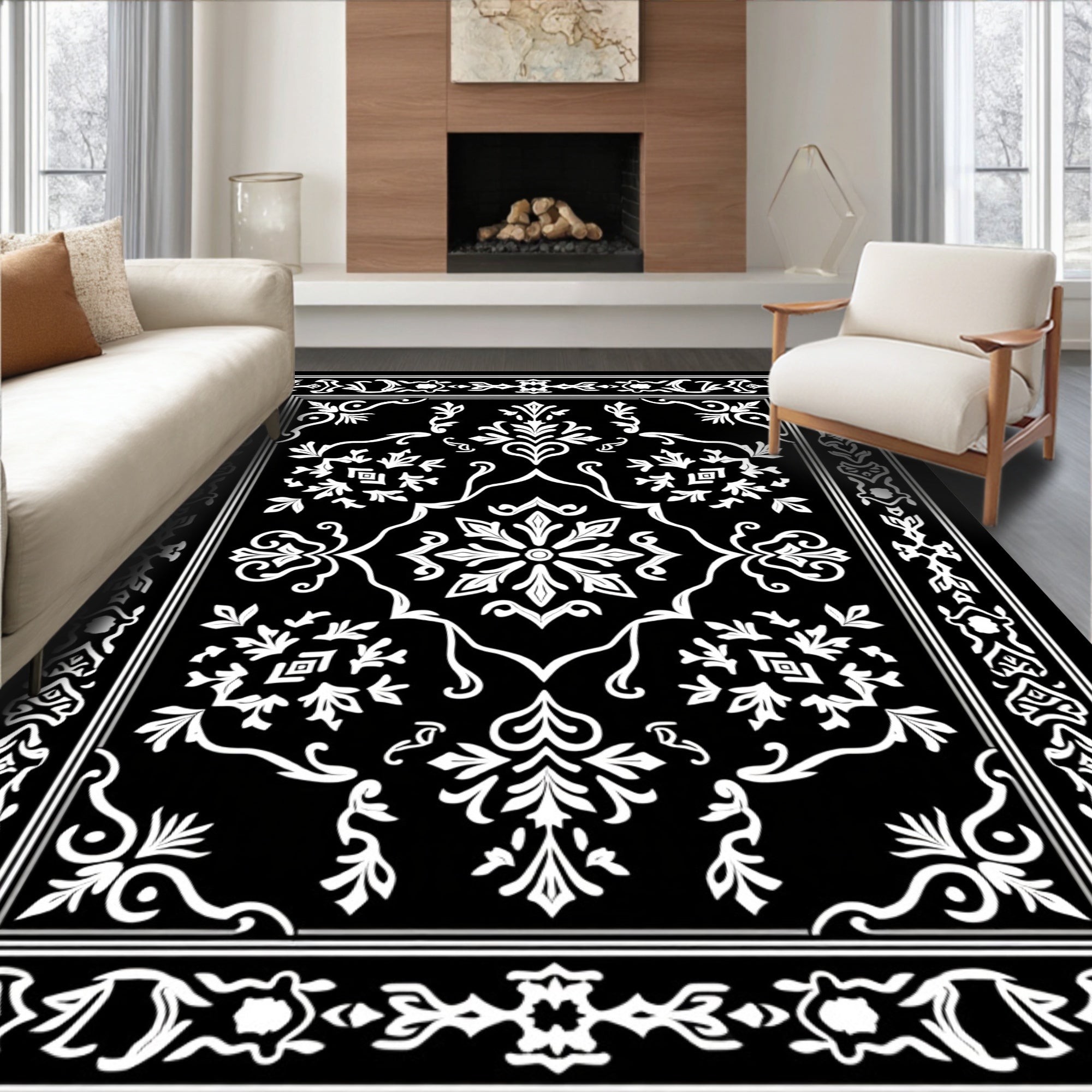 Black White Floral Border Design Rug