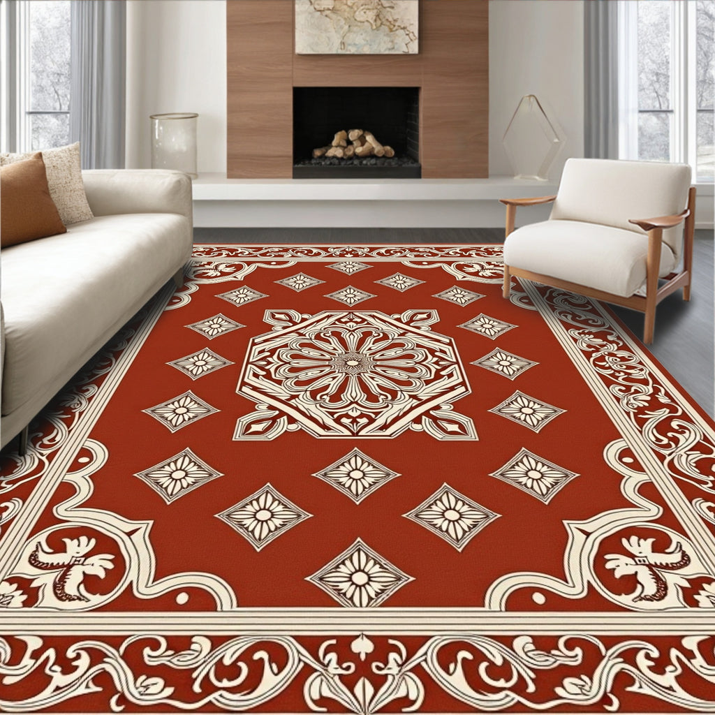 Ornate Red Cream Floral Medallion Rug
