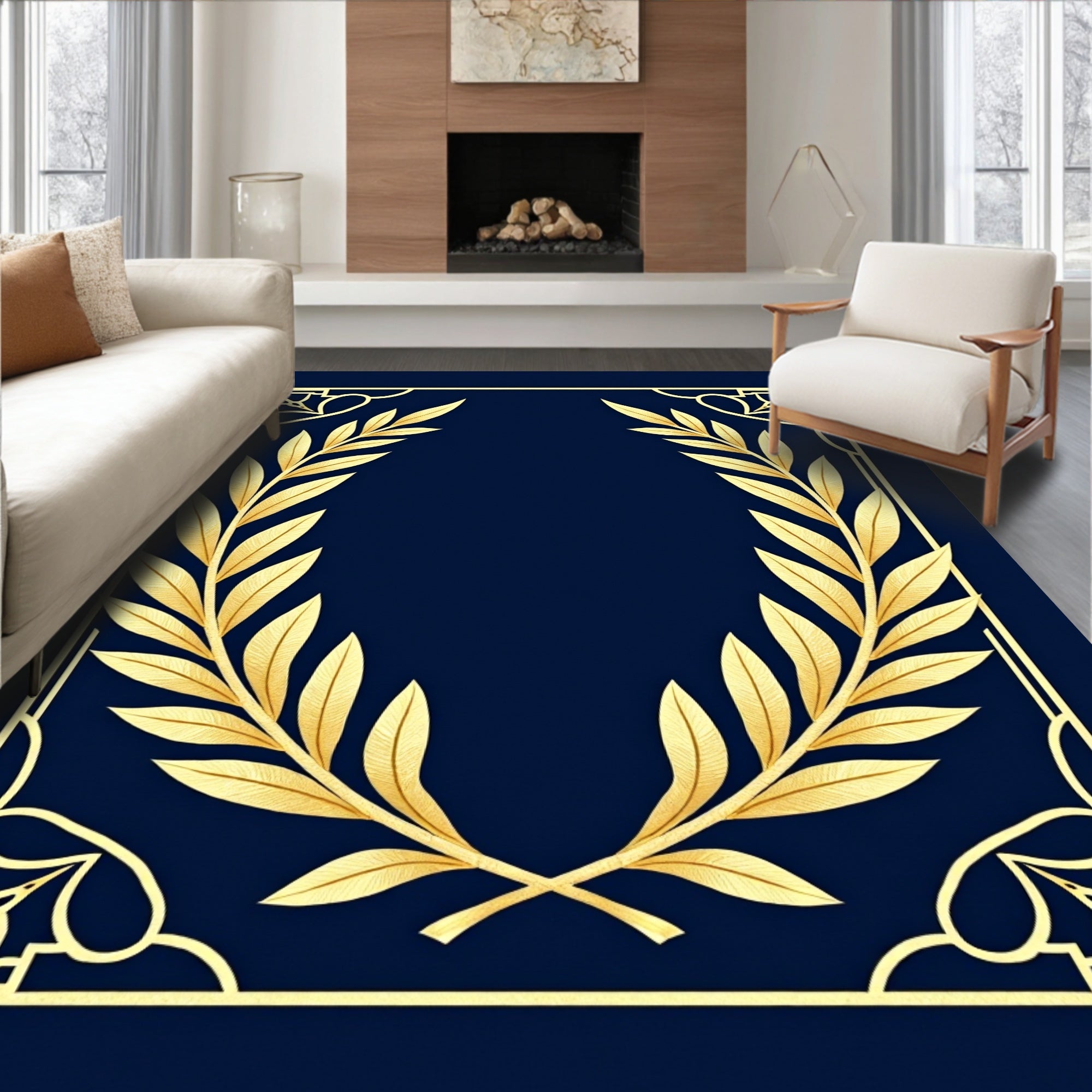 Gold Laurel Wreath Geometric Pattern Rug