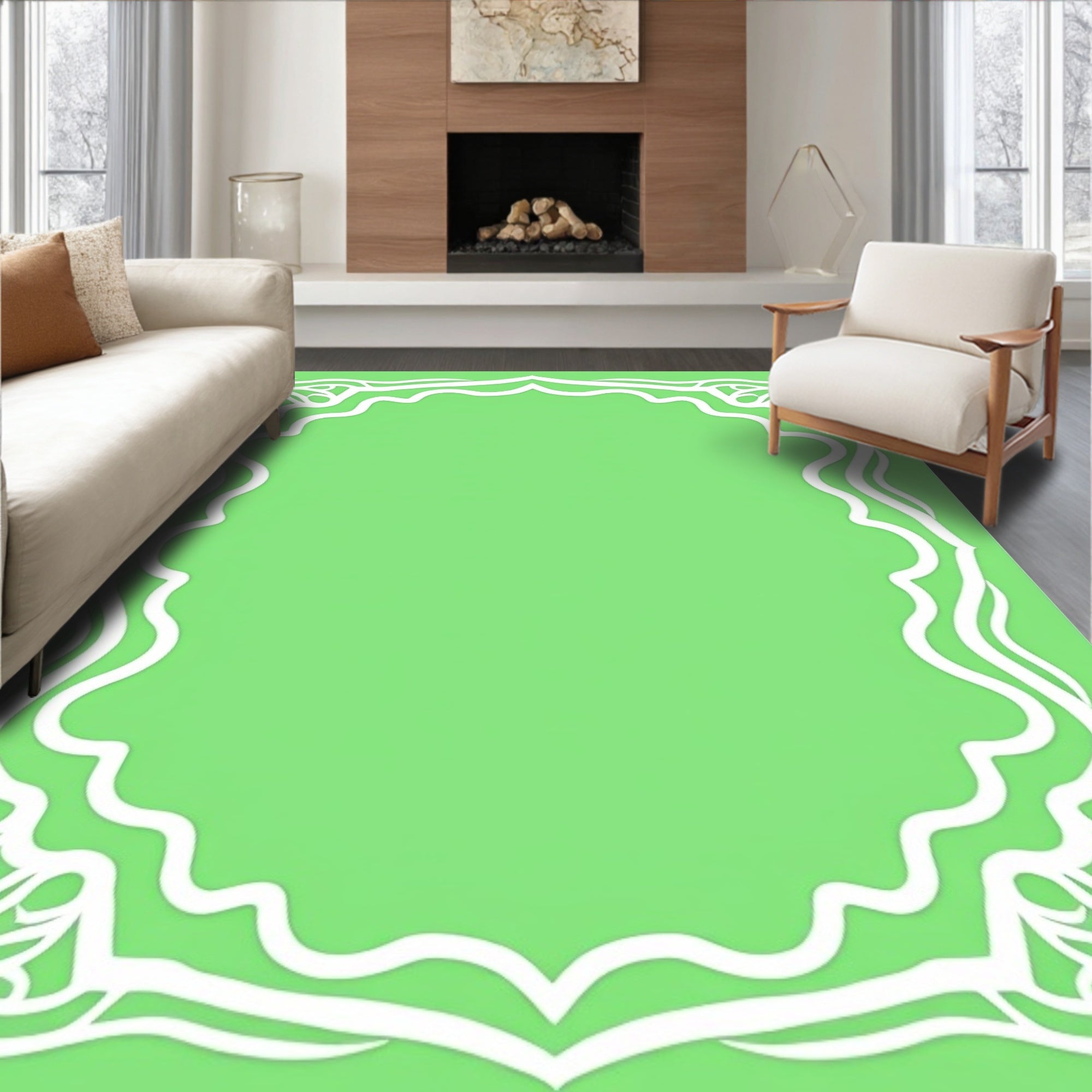 White Organic Curving Border Green Rug