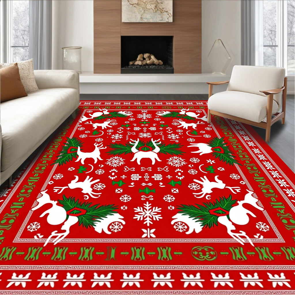 White Reindeer And Snowflakes Red Rug