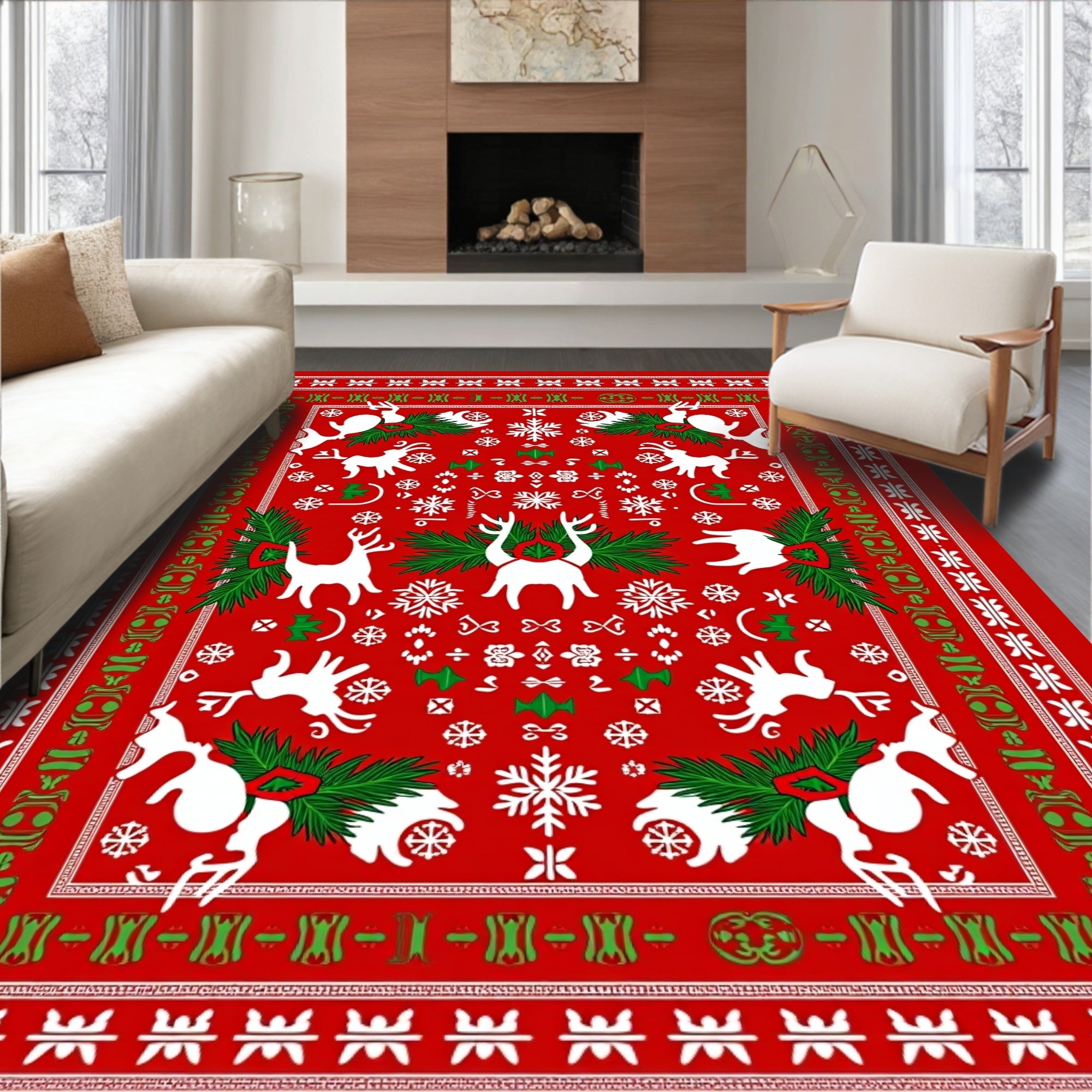 White Reindeer And Snowflakes Red Rug