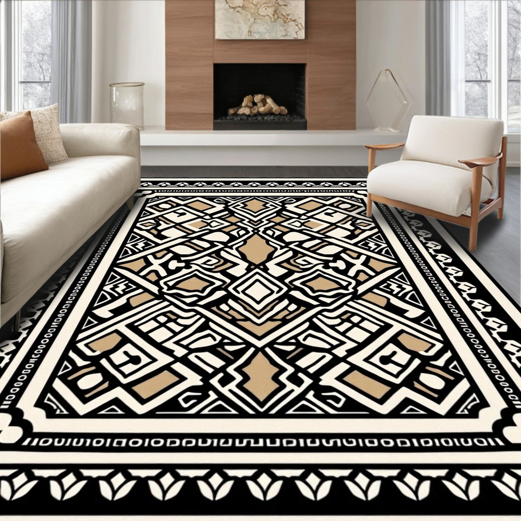 Intricate Black Cream Golden Geometric Design Rug
