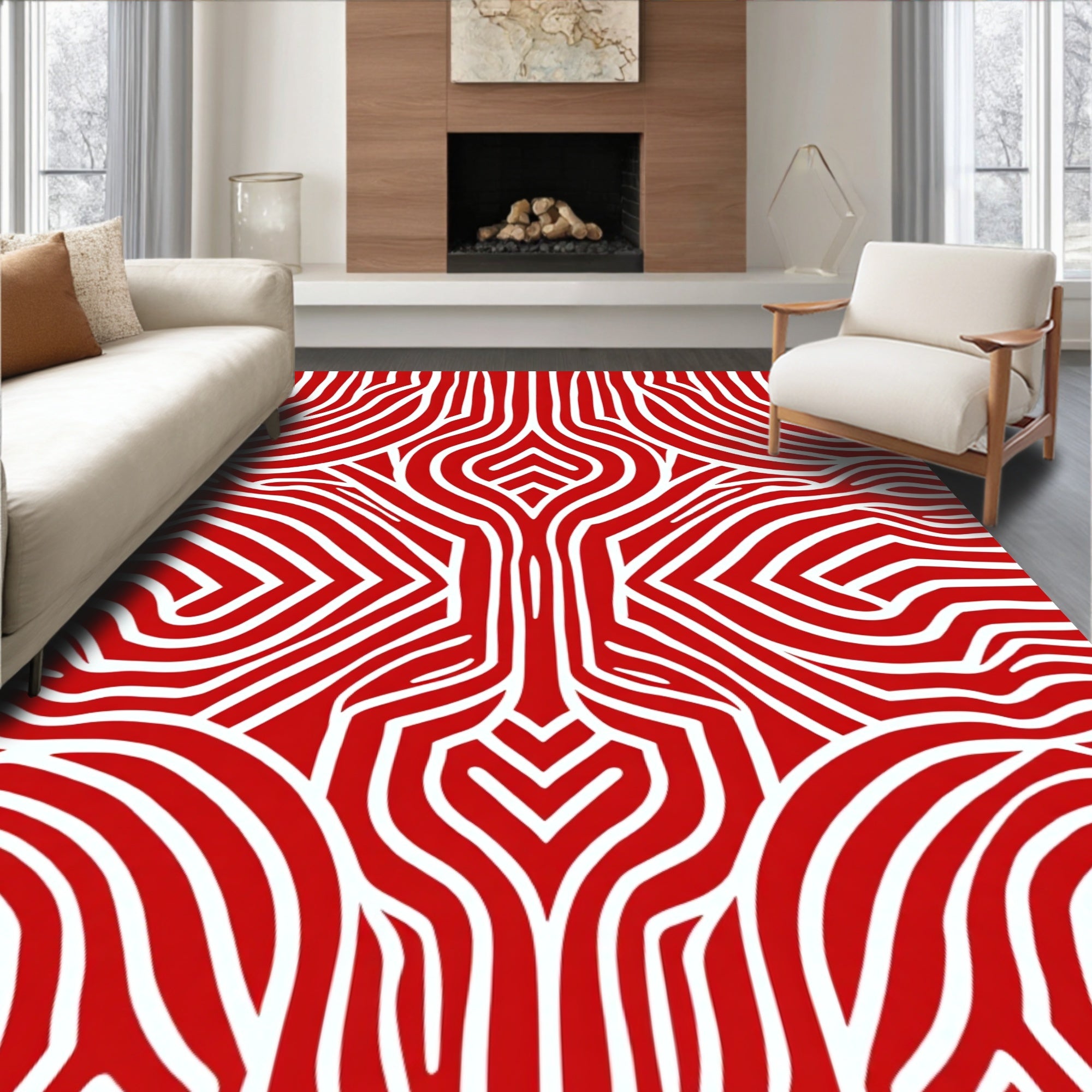 Red White Organic Flowing Pattern Rug