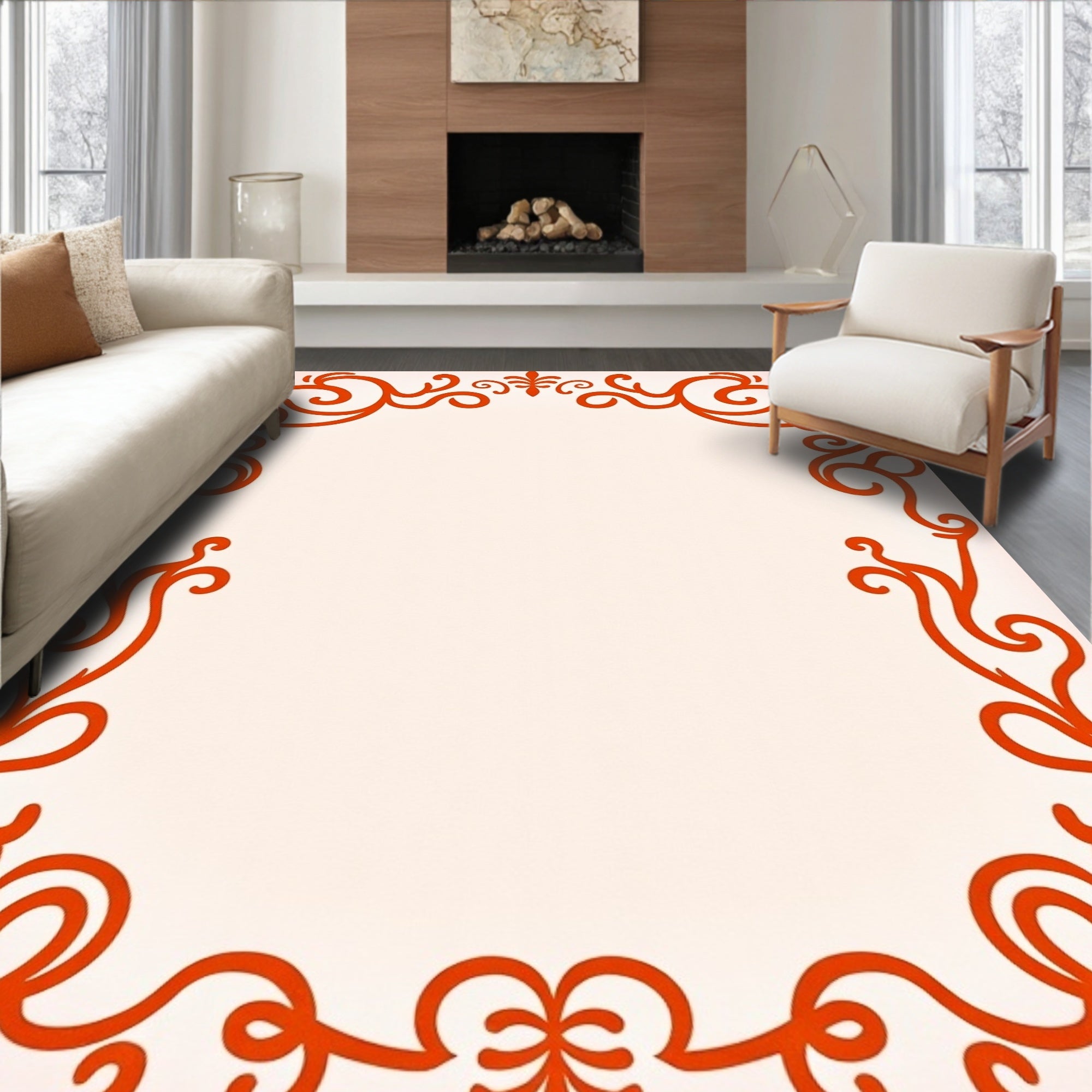 Orange Floral Swirl Scroll Border Rug