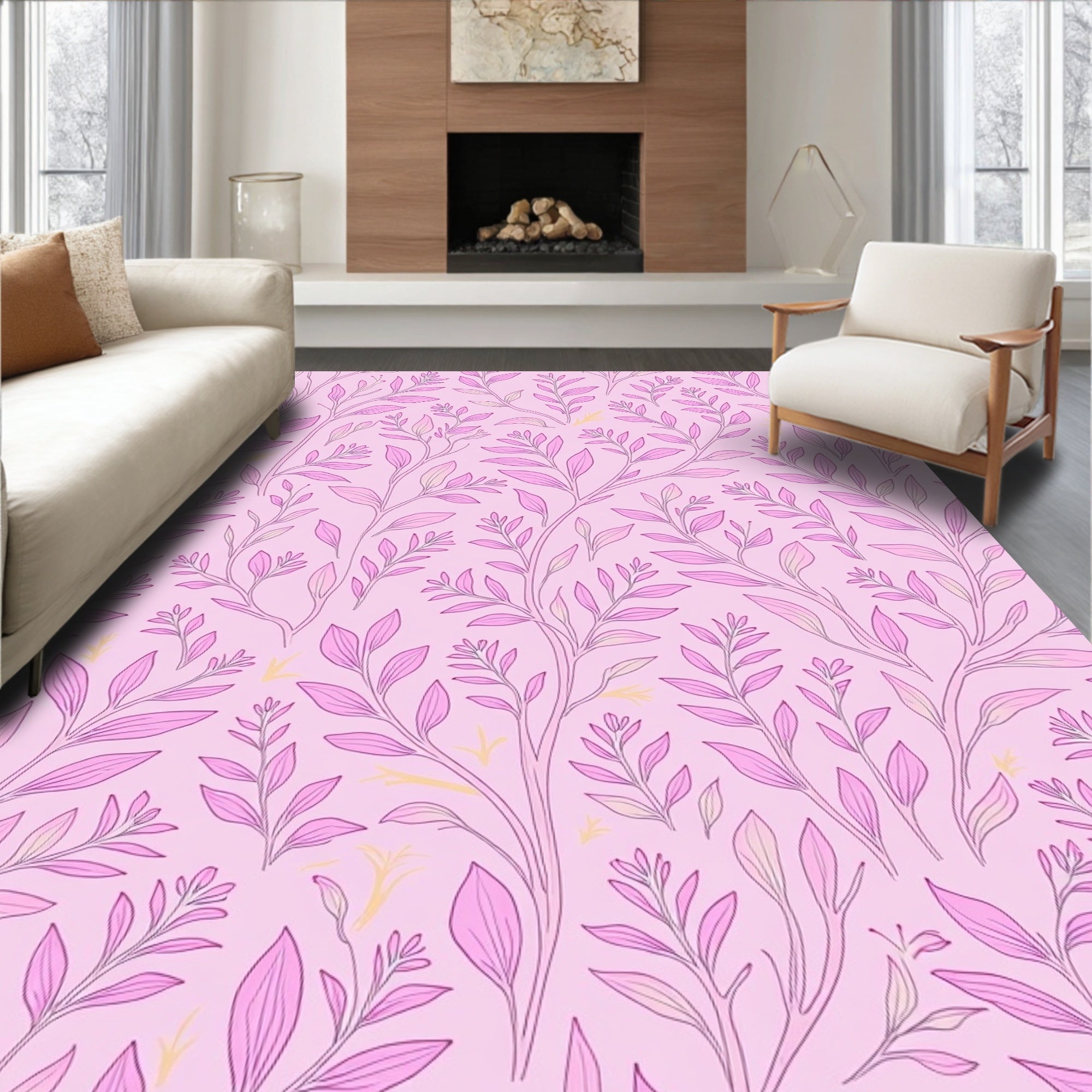 Whimsical Pink Floral Vine Pattern Rug