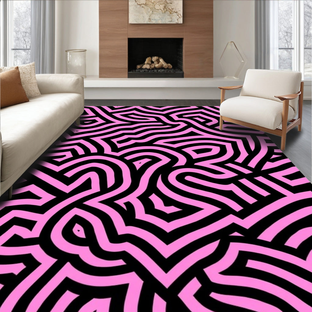 Pink Black Abstract Maze Pattern Rug