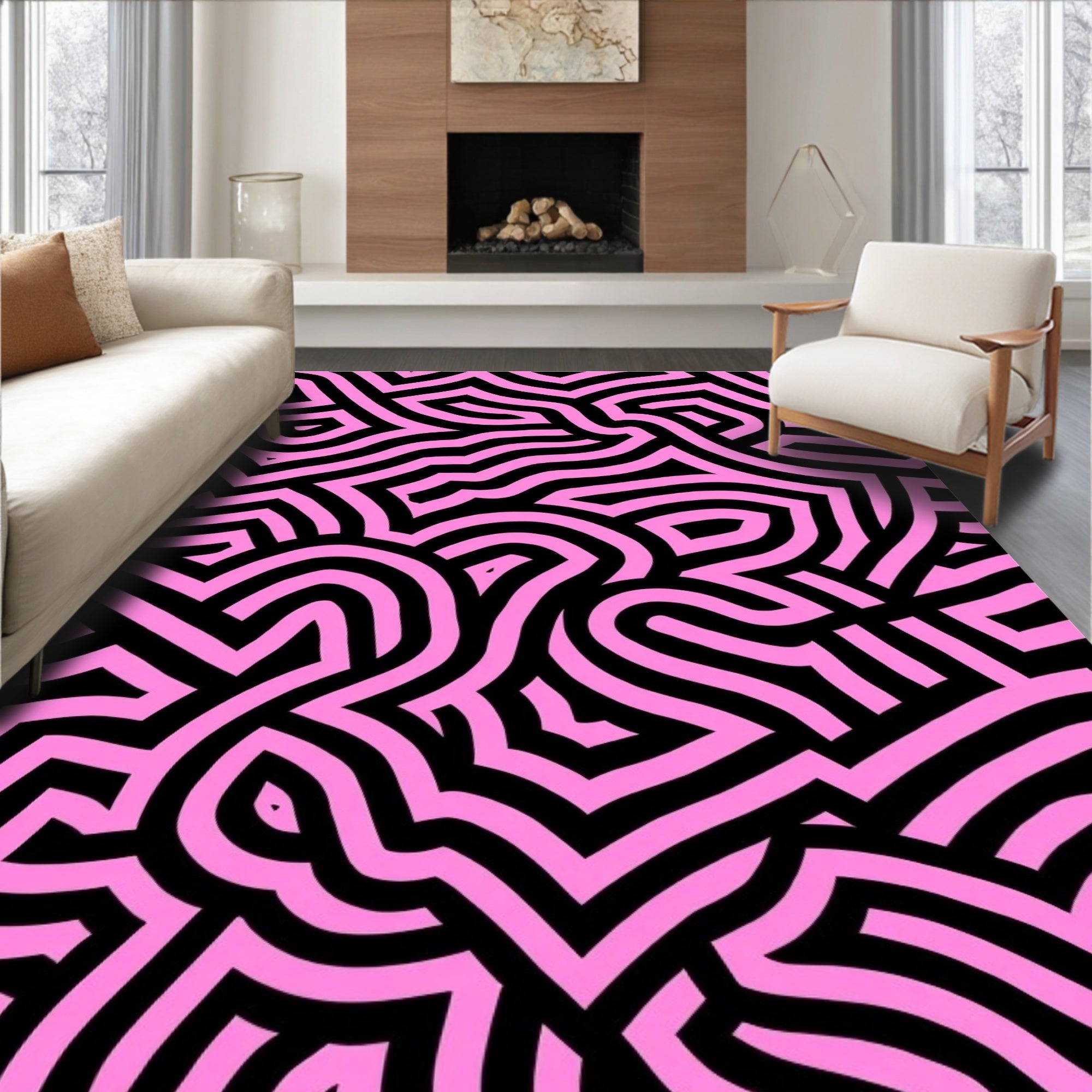 Pink Black Abstract Maze Pattern Rug