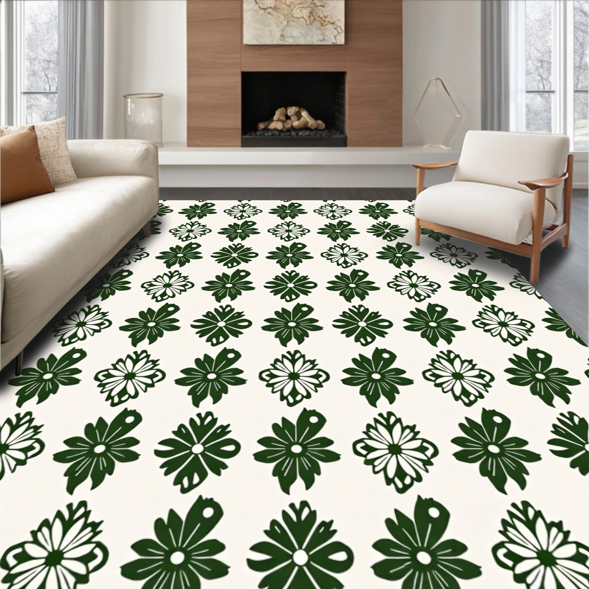 Dark Green Floral Pattern Repeats Rug