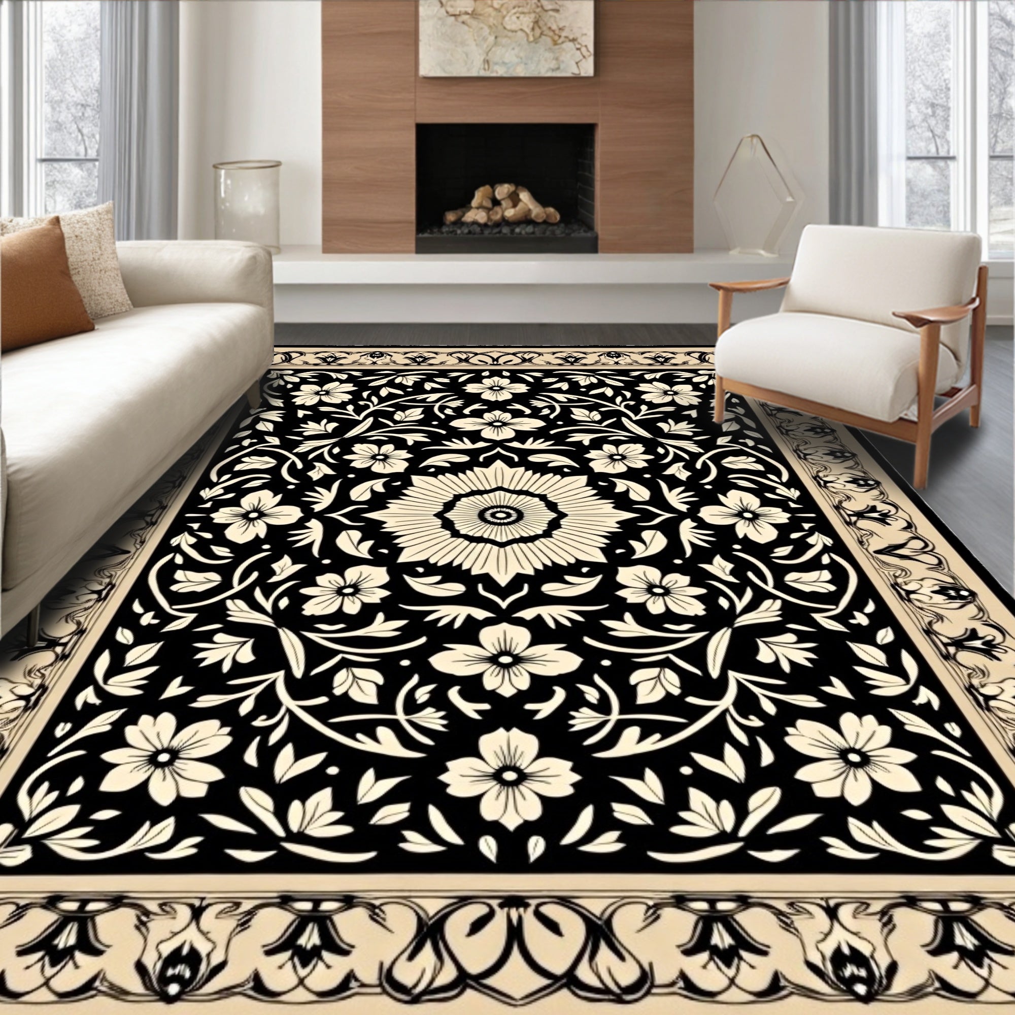 Classic Floral Patterned Black and Cream Rug