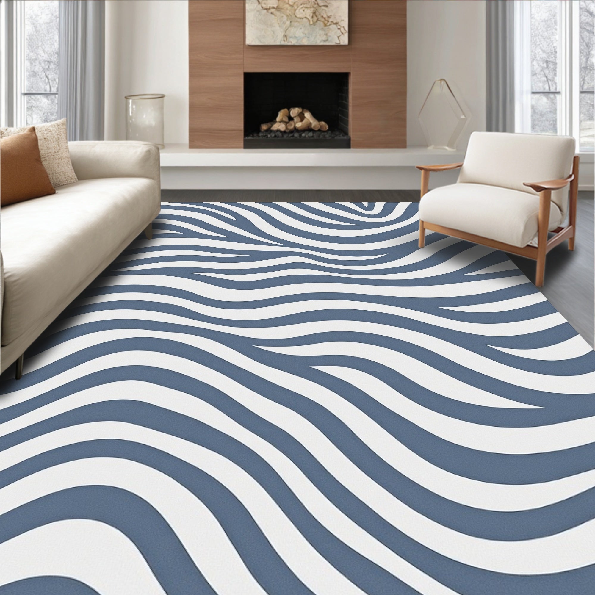 Abstract Blue White Zebra Stripes Rug