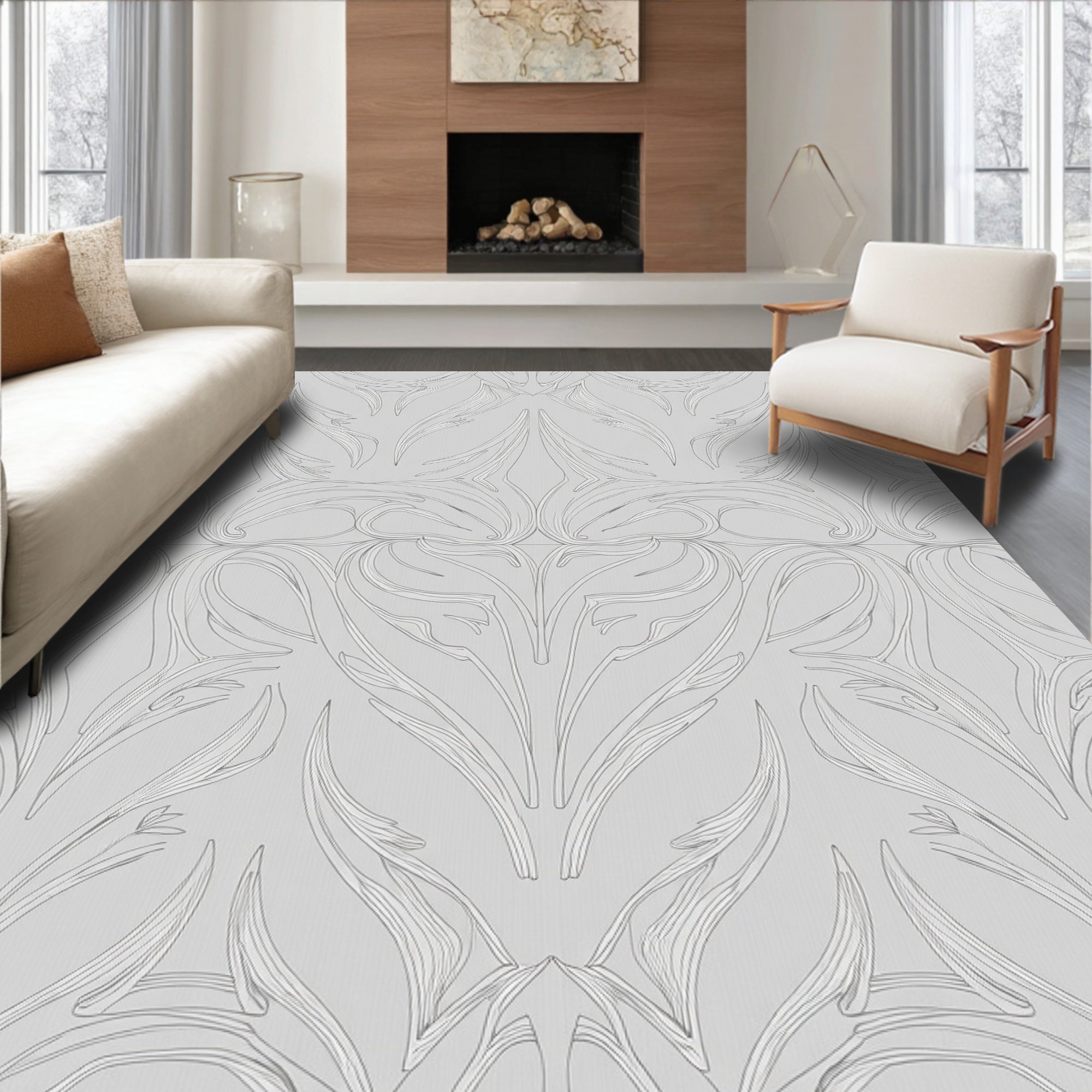 Elegant Light Grey Floral Pattern Rug