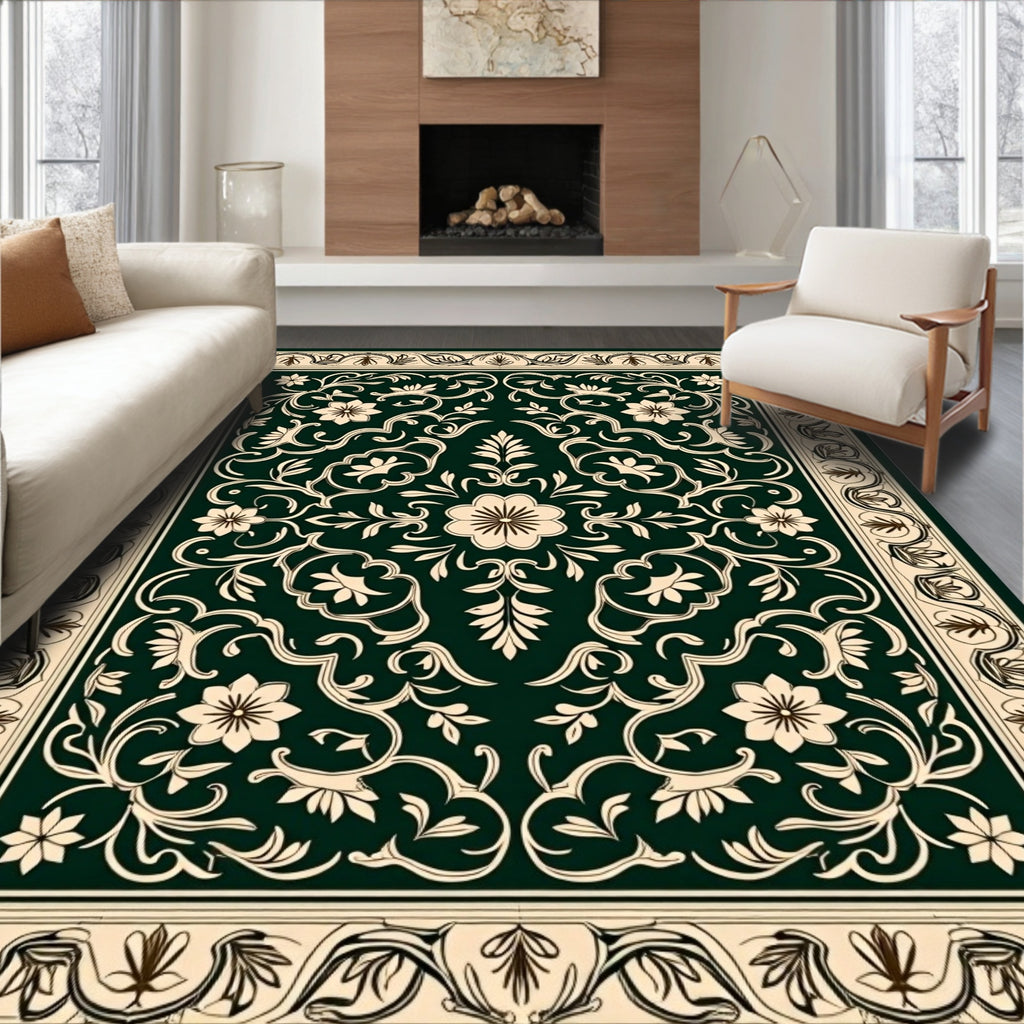 Vintage Floral Swirls Cream Green Rug