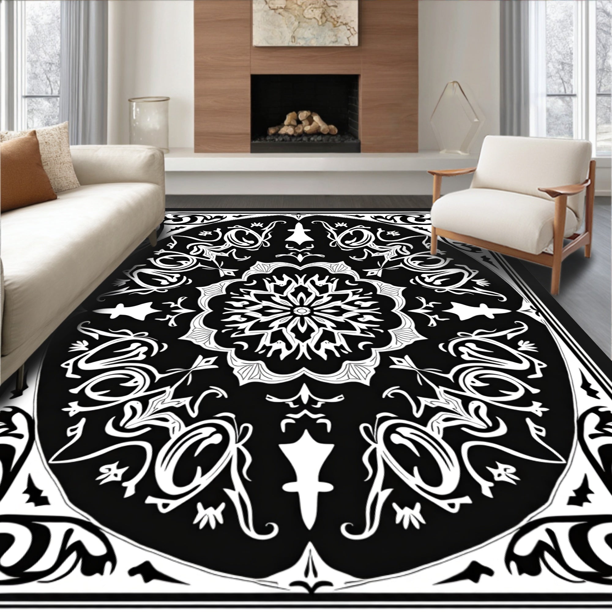 Monochromatic Ornate Mandala Design Rug