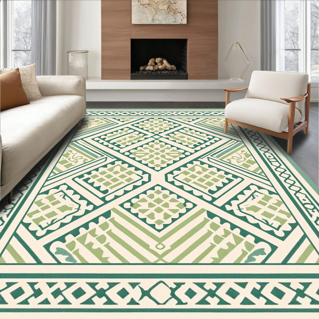 Geometric Patterned Green Cream Rug